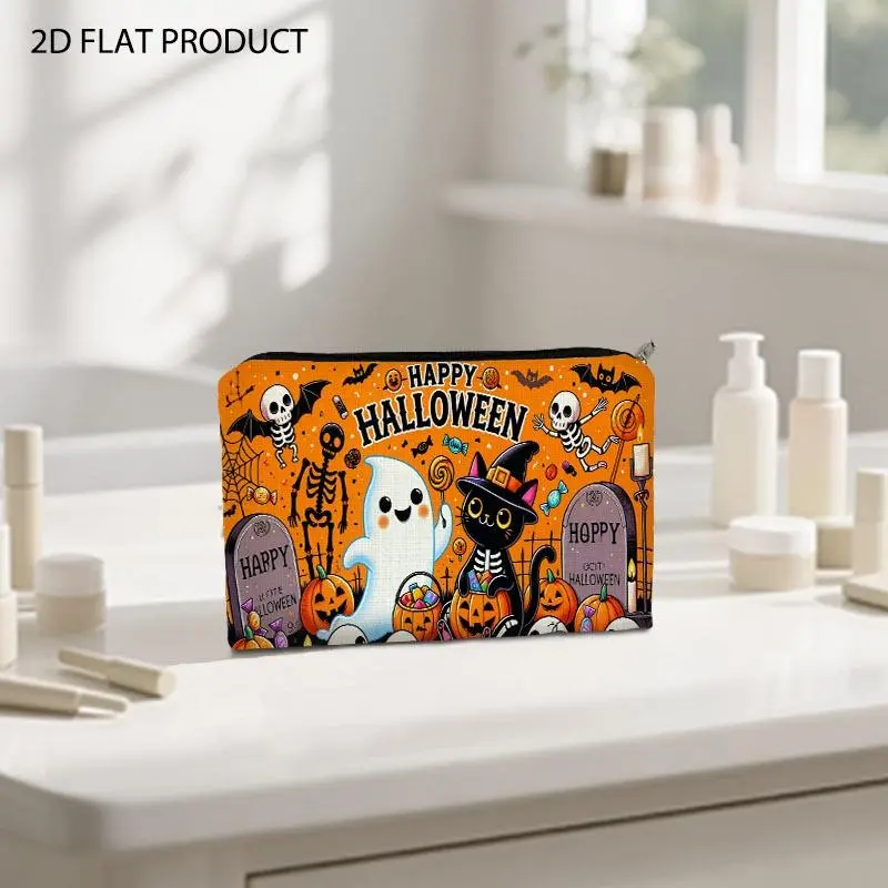 Halloween Spooky Fun Print Makeup Bag, 5.9*8.66inch Double-Sided Vibrant Design with Skeletons, Ghosts, Candy & Jack-o'-Lanterns, Portable Lightweight Cosmetic Pouch for Daily Makeup Storage & Travel Use