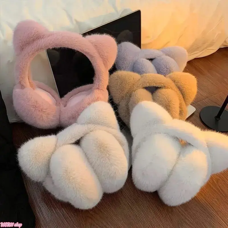 [useful]Cute Cat Earmuffs Windproof Winter Warm Plush Ear Warmers Retractable Foldable Ear Covers for Women & Girls