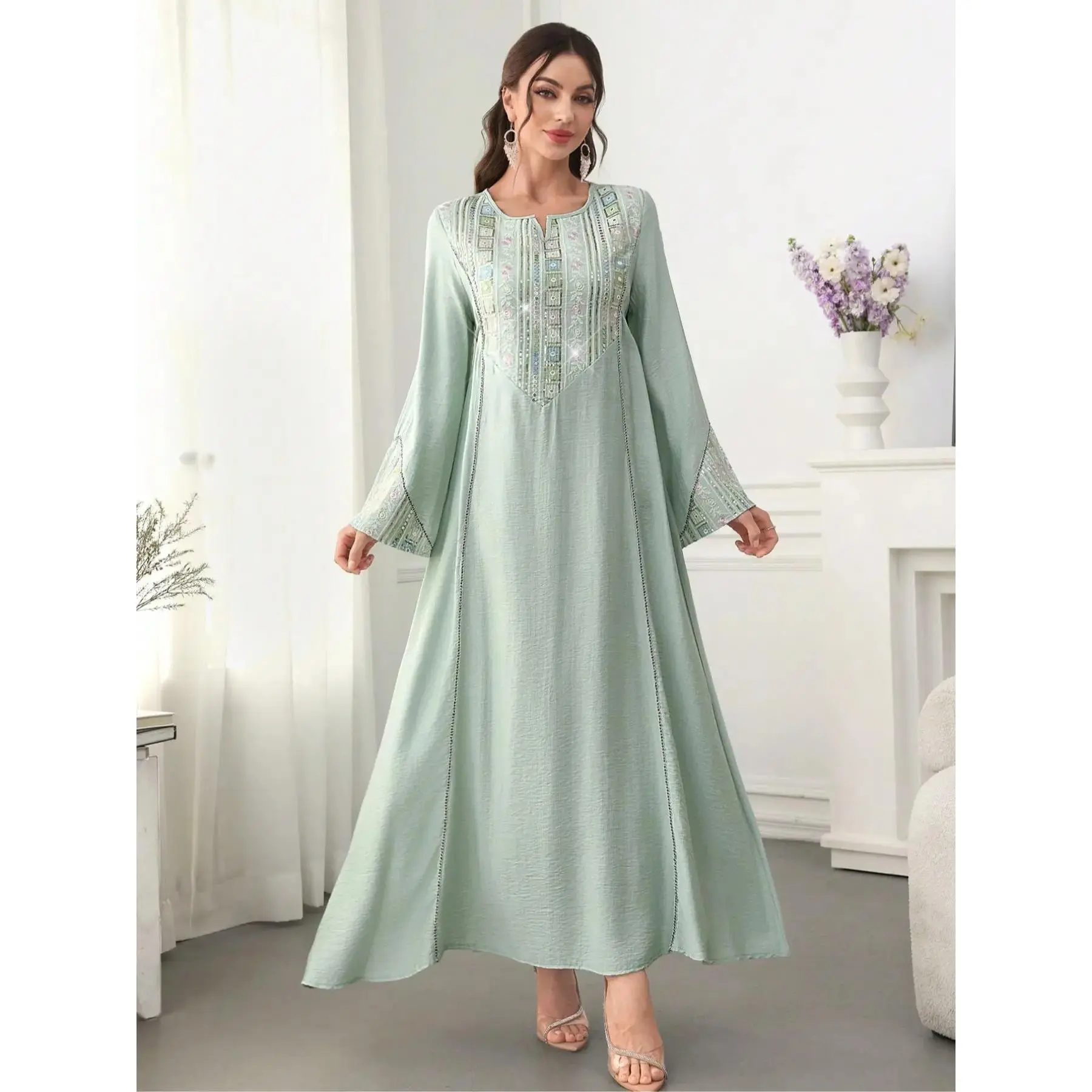 Elegant Muslim Abaya Dress for Women, Long Sleeve Tie Design, Loose-Fitting Woven Fabric, Spring & Fall Islamic Clothing, Abayas for Eid