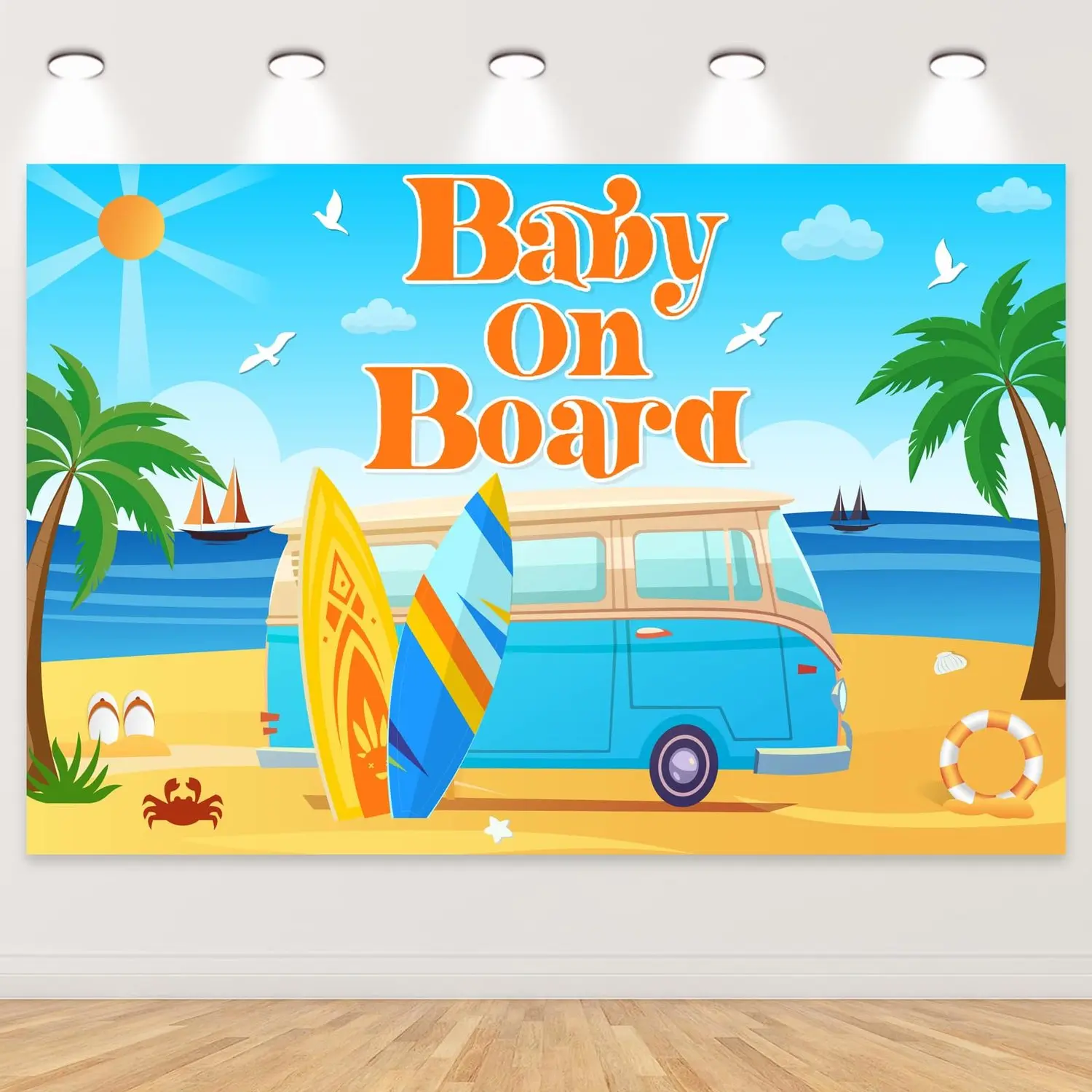 5x3ft Cloth Baby on Board Surfing Backdrop, Gender Reveal Graphic Festive Backdrops & Banners, Seaside Surfboard Coconut Tree Baby Shower Photography Background, Summer Hawaiian Party Decor Photo Booth Prop (1 Set)