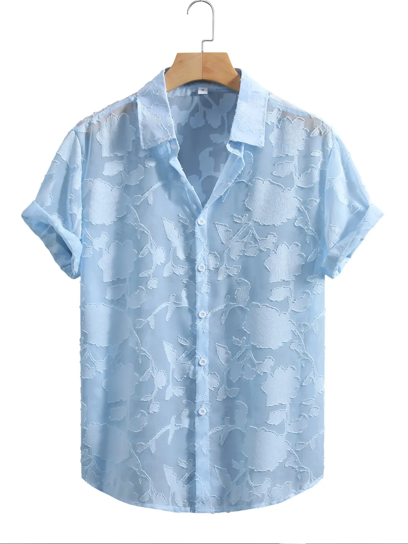 Men's Trendy Shirt, Transparent Floral Jacquard Cool Shirt, Casual Printed, Perfect for Beach/festivals/dates, Casual Light Blue Sheer Top, Streetwear Fashion