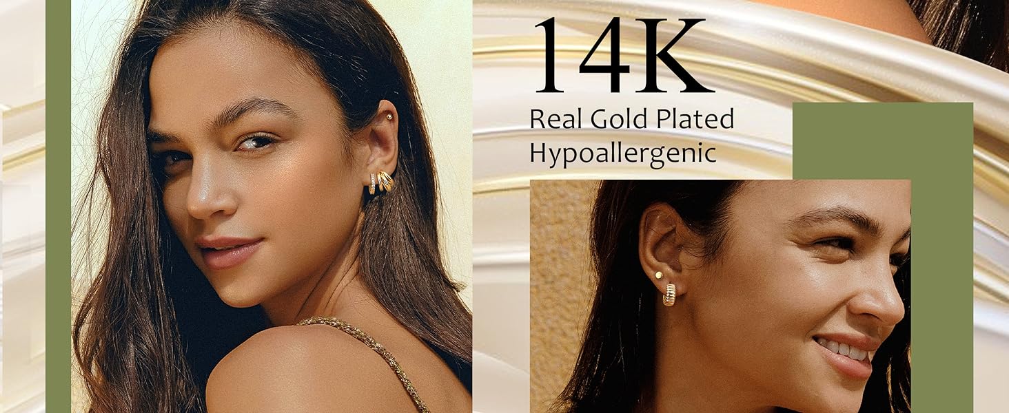 BESTEEL 12 Pairs Chunky Gold Hoop Earrings Set for Women Trendy Hypoallergenic 14K Gold Plated Thick Stainless Surgical Steel Stud Huggie Earring Stacks Pack Jewelry for Sensitive Ears