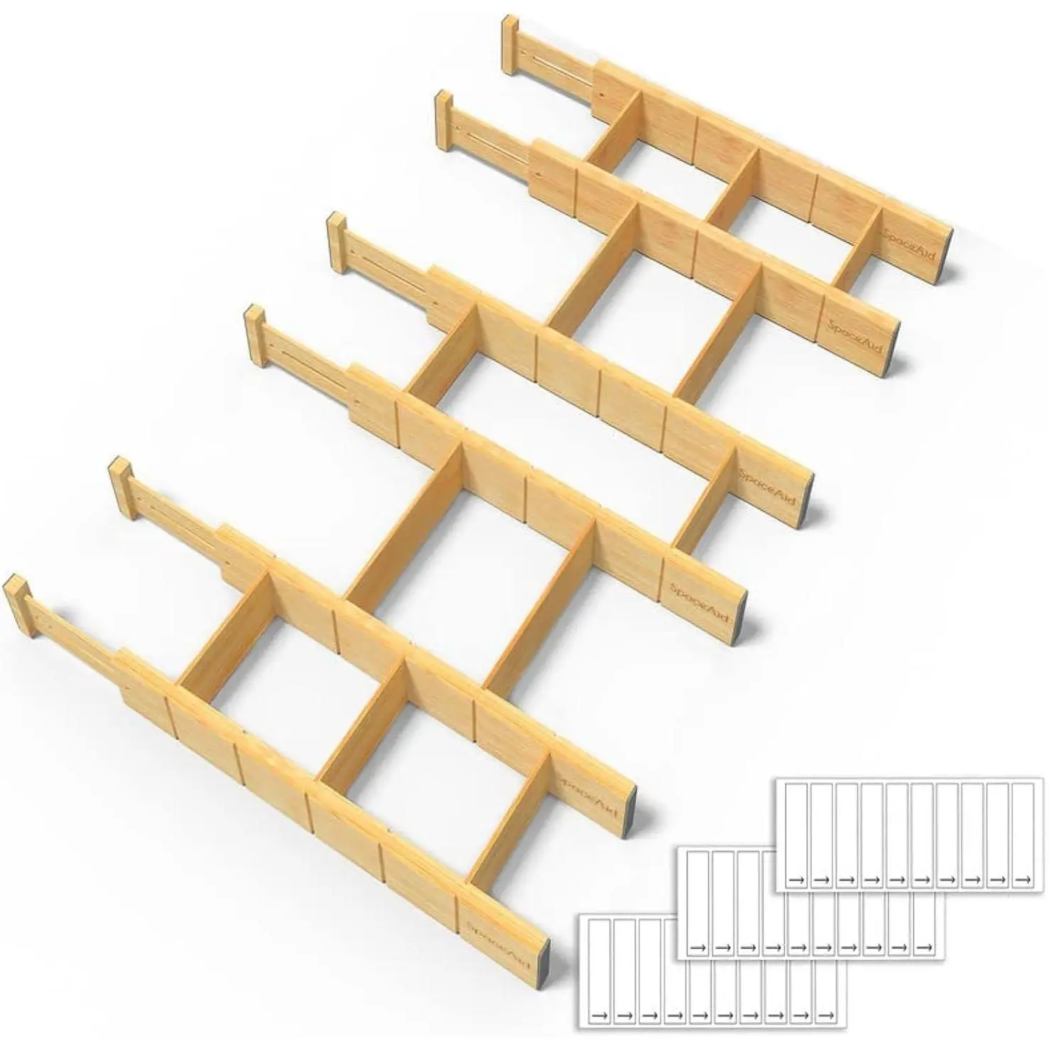 Bamboo Drawer Dividers with Inserts and Labels, Kitchen Adjustable Drawer Organizers, Expandable Organization for Home, Office, Dressers and Bathroom, 6 Dividers with 12 Inserts (17-22 in)
