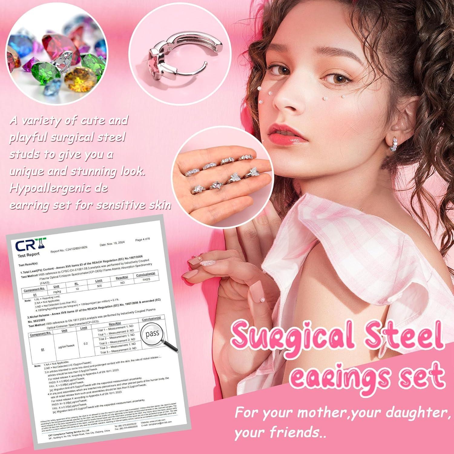 4 Pair Small Silver Hoop Earrings for Women Girls Pink/Blue Heart Star Butterfly Zirconia Hoop Earrings Hypoallergenic Sleeper Huggie Cartilage Earrings Set for Kids