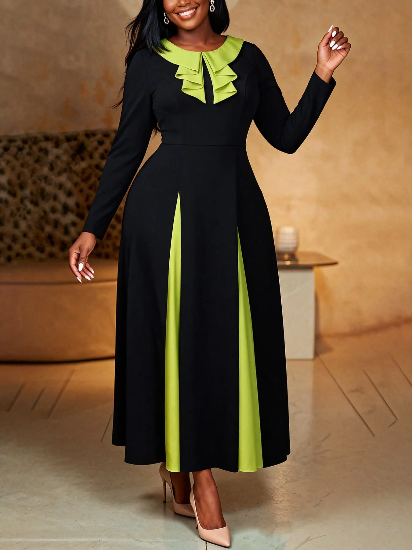 Women's Elegant Chic Contrast Long Sleeve Dress, High Waist A-Line, Ruffled Detail, Perfect for Church, Office, Party, Formal Events