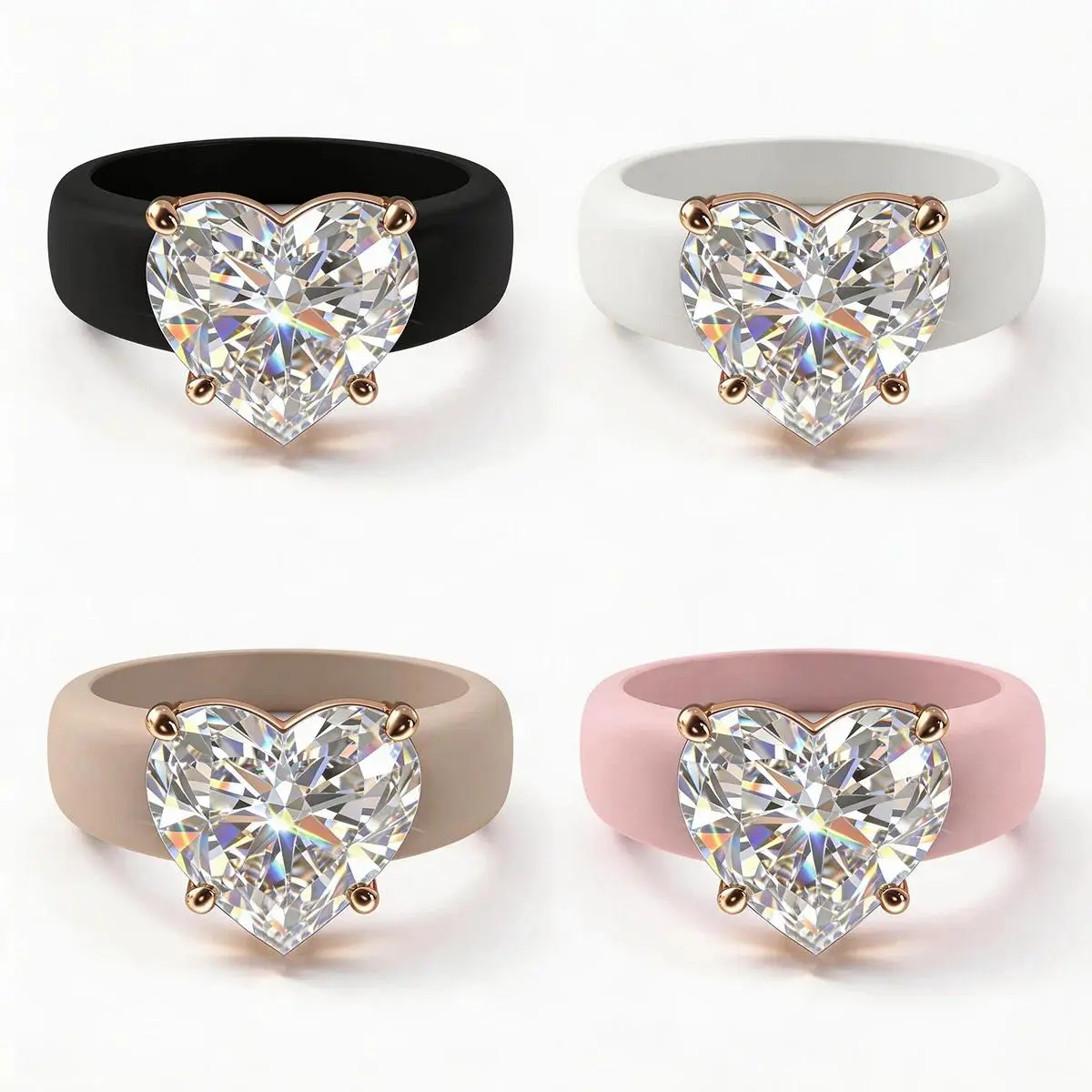 Women's Silicone Ring with Large Rectangle CZ Stone, Rose Gold Prong Setting, Comfortable Sport Wedding Band, Anti-allergy Jewel