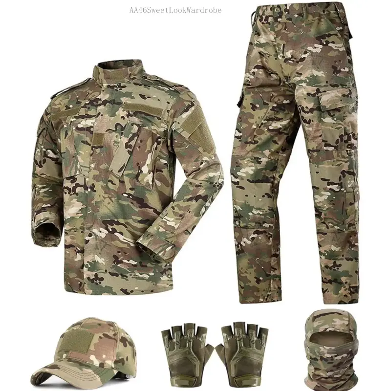 Women's Cotton Blend Camouflage Tactical Protective Uniform Set - Long-Sleeve Shirt, Full-Length Cargo Combat Pants with Pockets, Cap, Gloves, Pouched Balaclava, Black Military Airsoft Elastic Workwear