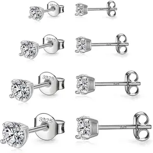 925 Sterling Silver Stud earrings Set| White Gold Plated Hypoallergenic Stud Earrings| Cubic Zirconia Stud Earrings for Women (2mm,3mm,4mm,5mm,6mm,7mm) 8 CZ colors options