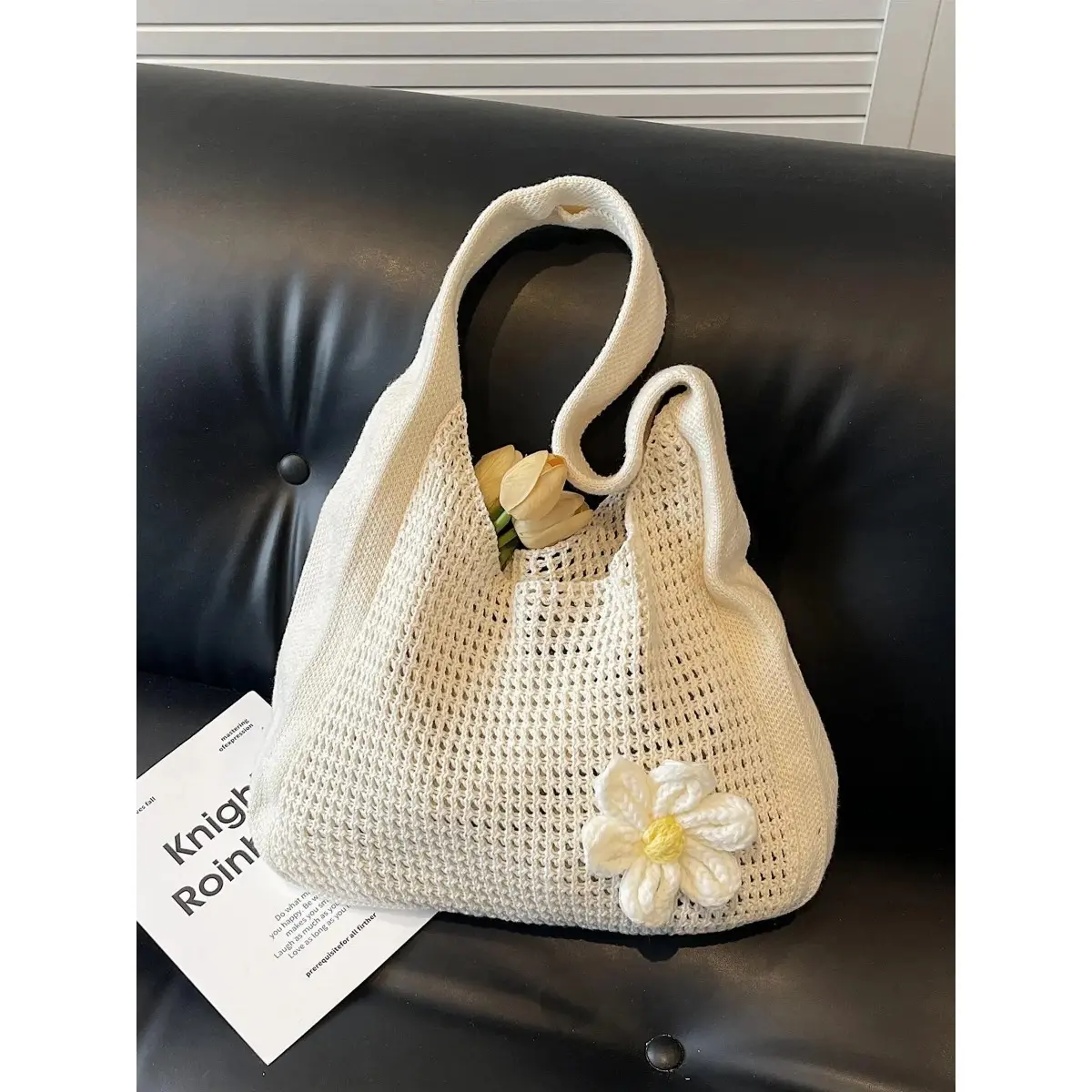 Women's Solid Color Straw Bag with Flower Decor, Fashionable Crochet Shoulder Bag Crossbody for Daily Used, Casual Trendy Versatile High-quality Daily Commuting Bag, Stylish Versatile Bag, Casual Trendy Purses Boho Bag