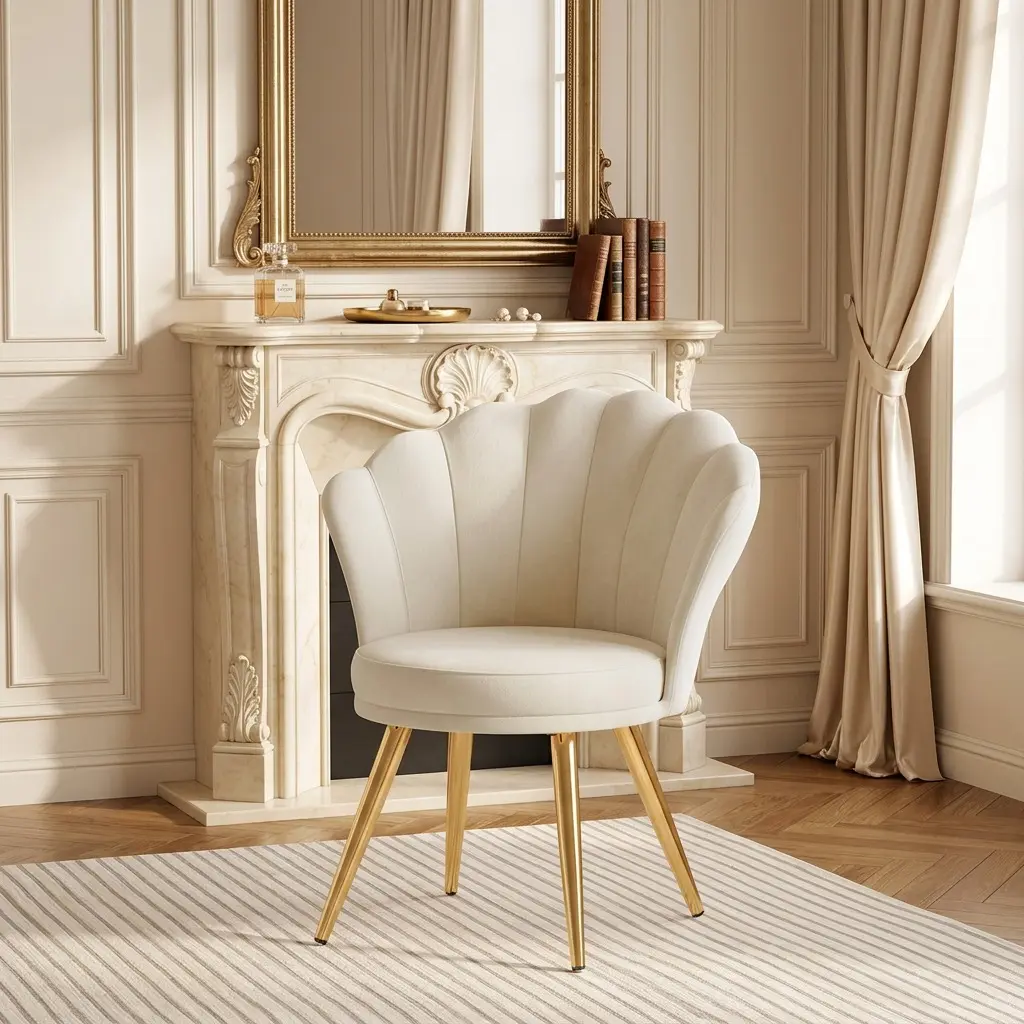 White Shell Shaped Velvet Accent Chair with Gold Metal Legs, Upholstered Vanity Makeup Chair, Ergonomic Side Guest Chair for Bedroom Living Room Entryway Home Decor