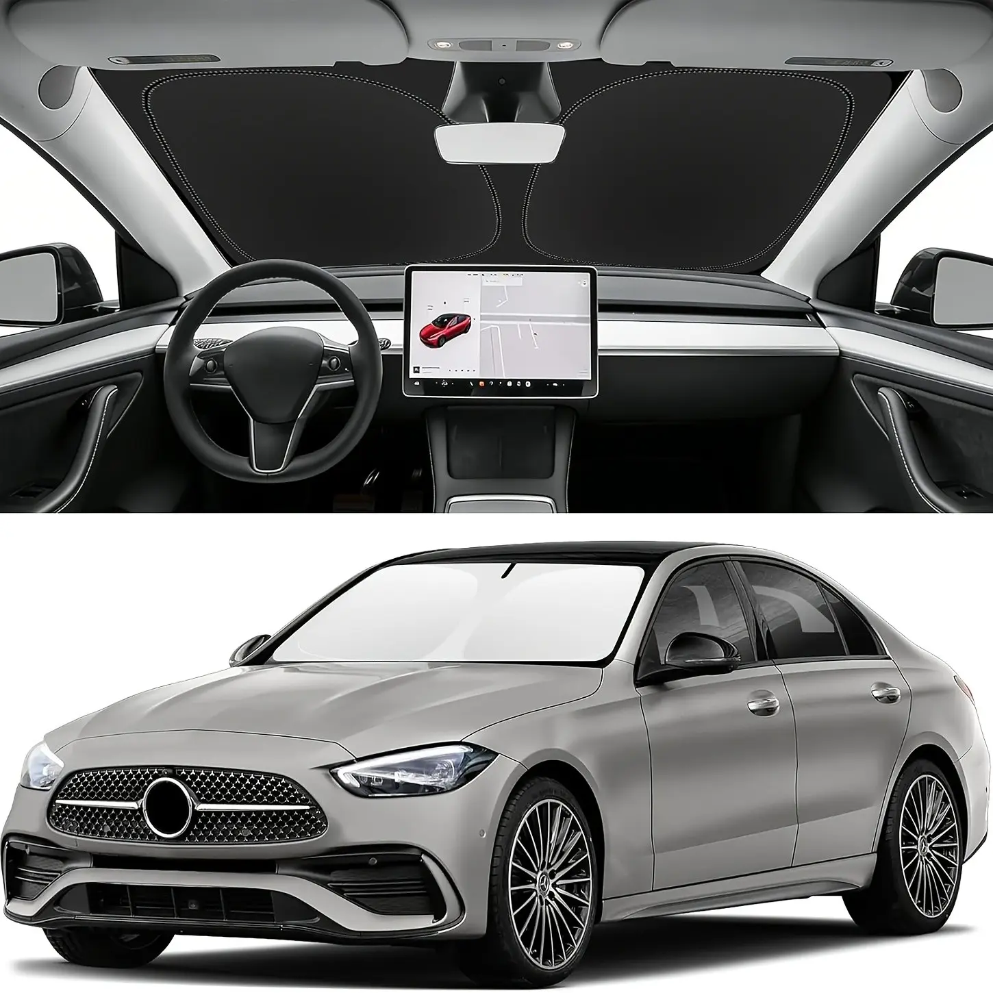 Mercedes-Benz Sunshade for Glc, Gle, C-Class, E-Class, Gla, G-Class, S-Class 2017+, Car Sun Shades, Car Dashboard Sun Protection, UV Blocking, Heat Reduction