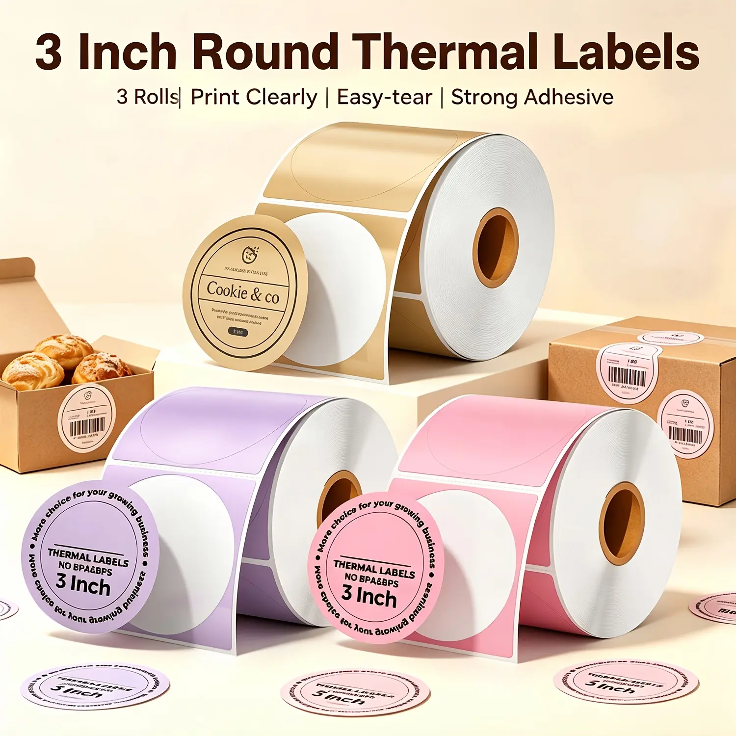 Circular Roll Thermal Paper Labels - 3 Rolls of 3x3 in Round Shape Self-Adhesive Easy-Tear Colored Stickers for Packaging, DIY Projects, Jar/Bottle Labeling Compatible with Thermal Printers