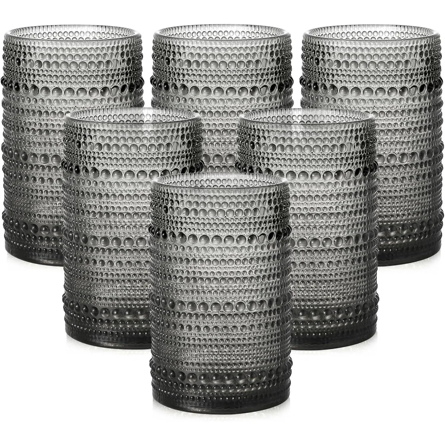 Vintage Hobnail Glass Tumblers, Set of 6 Grey 15oz Drinking Glasses for Mixed Drinks and Cocktails with Cleaning Brush, Gray, Cocktail Glass