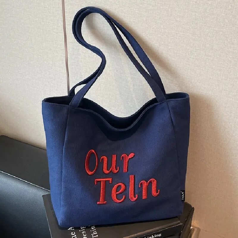 Embroidered Canvas Tote Bag For Women, Large Capacity Casual Shoulder Handbag, Letter Print Lightweight Student Daily Underarm Shopper Bag
