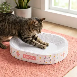 Multi-Use Plant Fiber Cat Scratcher! Non-Plastic Oval Board, No Scraps, Anti-Slip, Serves as Scratching Pad, Bed & Bowl All in One