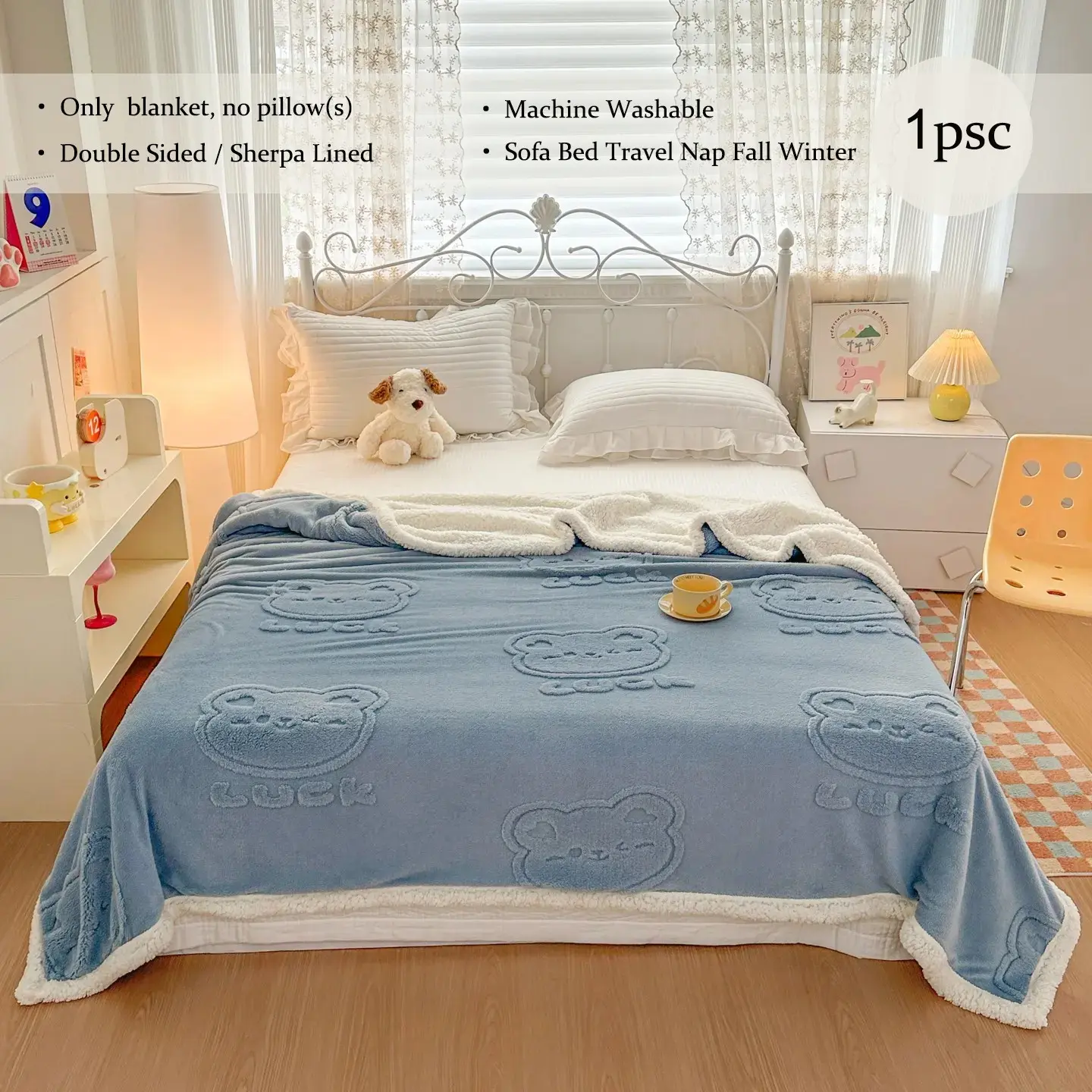 1pcs Embossed Bear Pattern Double Sided Throw Blanket, Fluffy Sherpa Lined Thick Warm Cover, Machine Washable Versatile Nap Blanket For Sofa Bedroom Office Dorm Travel All Season Single Blanket