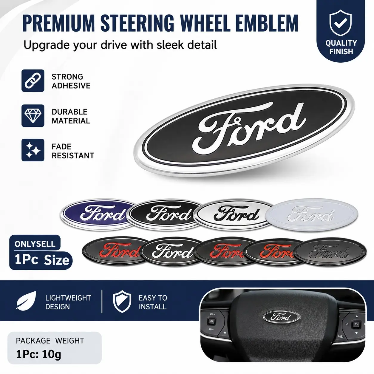Ford Car Steering Wheel Emblem Sticker Oval Interior Badge Cover Self Adhesive ABS Metal Look Decorative Trim Compatible with Ford Vehicles Logo Overlay Scratch Resistant Waterproof Easy Install 1Pc Car Interior Accessory, Auto Accessories