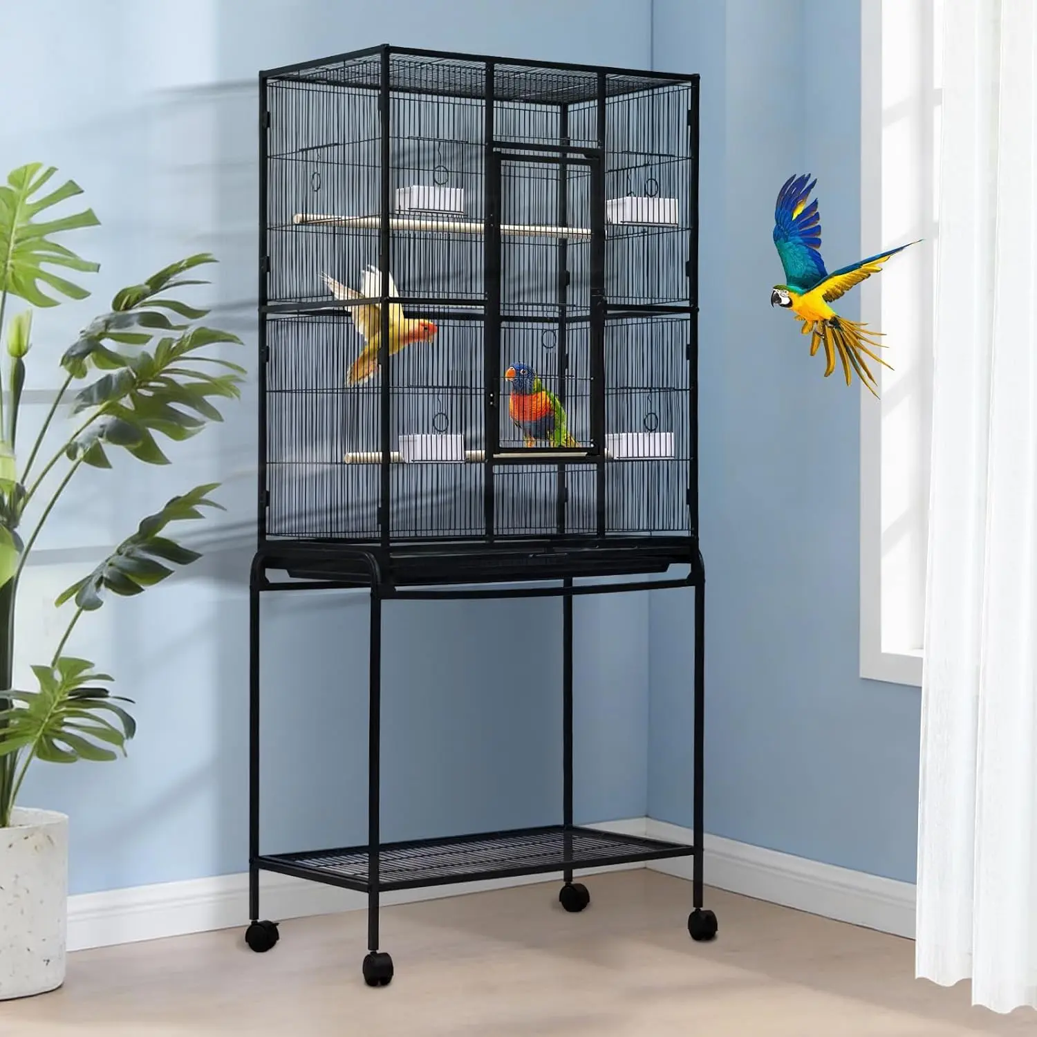 54" H Coated Metal Frame Large Bird Cage with Stand, Built-in Wheels, Detachable Storage Shelf & Bottom Grate - Parrot Accessories for Parakeets, Conures, Lovebirds, Cockatiels (Black)