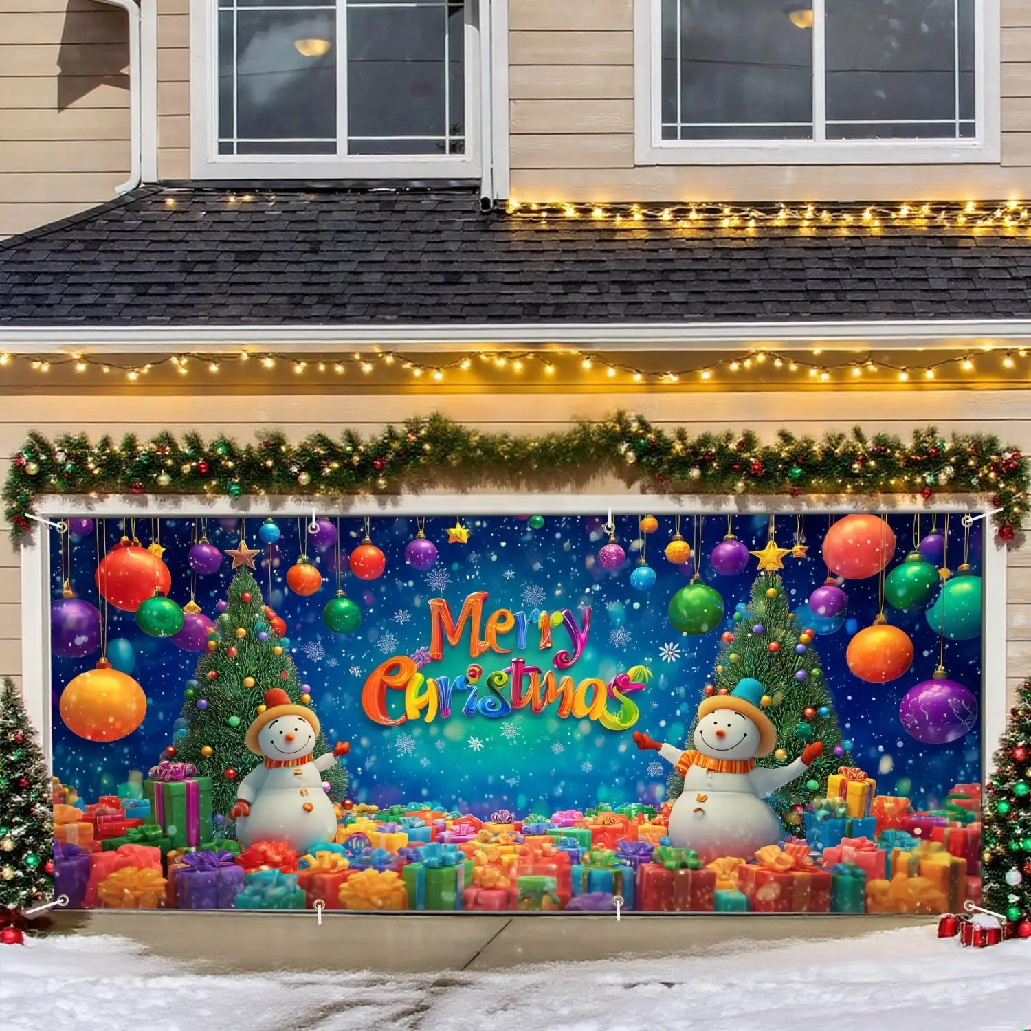 Merry Christmas Garage Door Banner – 6x13FT Large Outdoor Decoration with Snowmen, Christmas Trees, Ornaments & Gifts –  Holiday Backdrop Cover for Porch, Garage, Yard