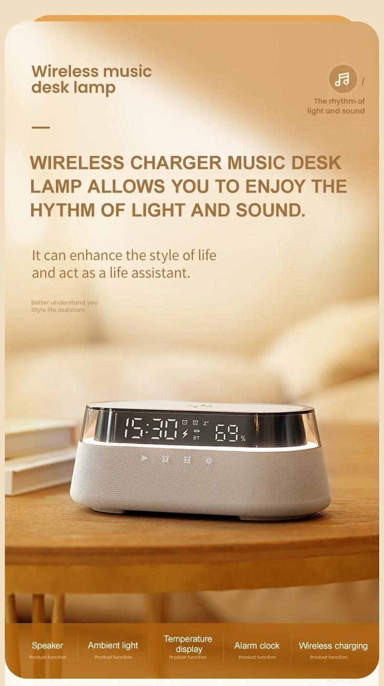 6-in-1 Smart Speaker Alarm Clock 15W Wireless Charger Bluetooth Music Player with Snooze Function