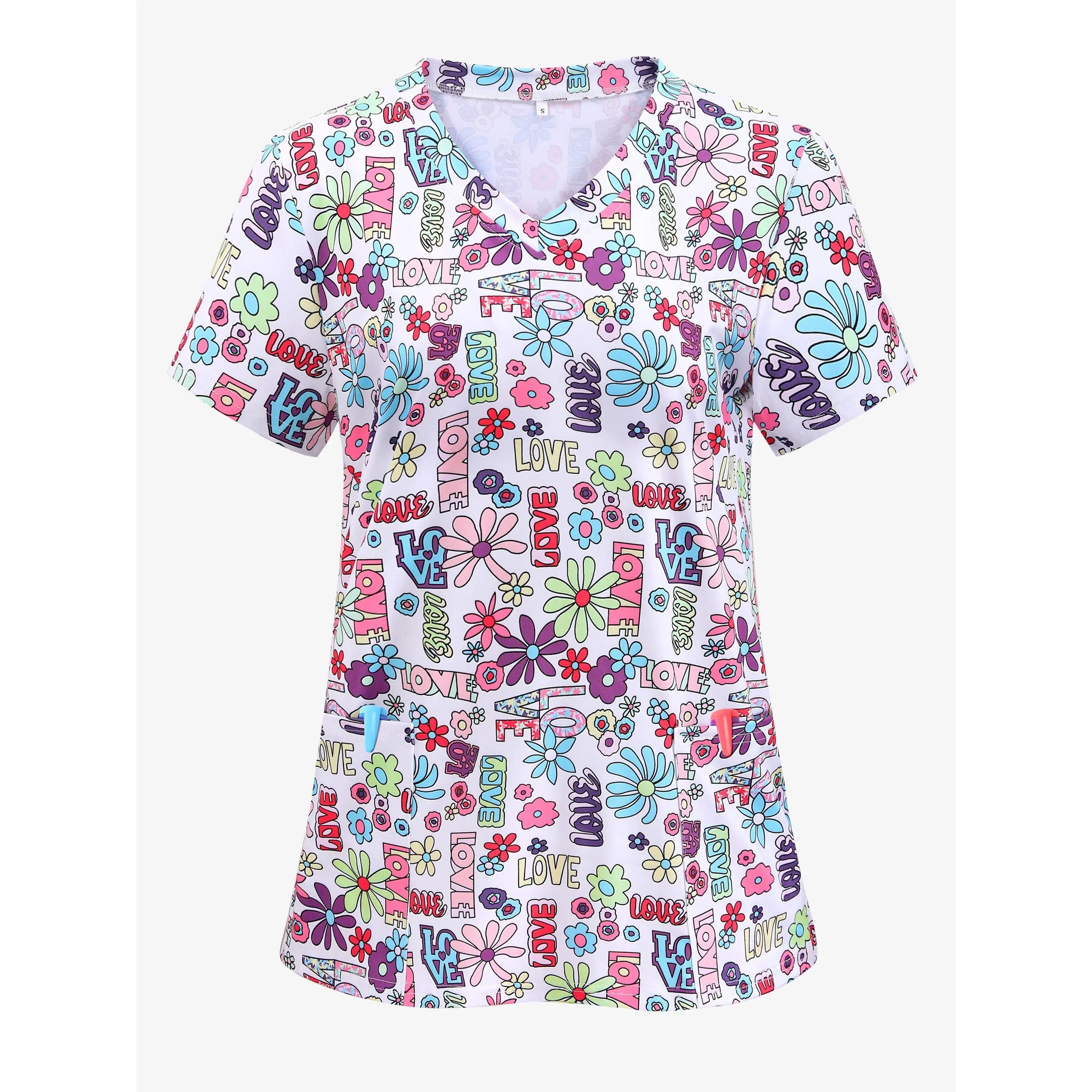 Women's Floral LOVE & BLOVE Print V-Neck T-Shirt - Short Sleeve Casual Scrub Top with Split Pocket, Machine Washable Nursing Uniform for Spring/Summer, Elegant Workwear & Protective Clothing, Vibrant Digital Print, Comfortable Fabric