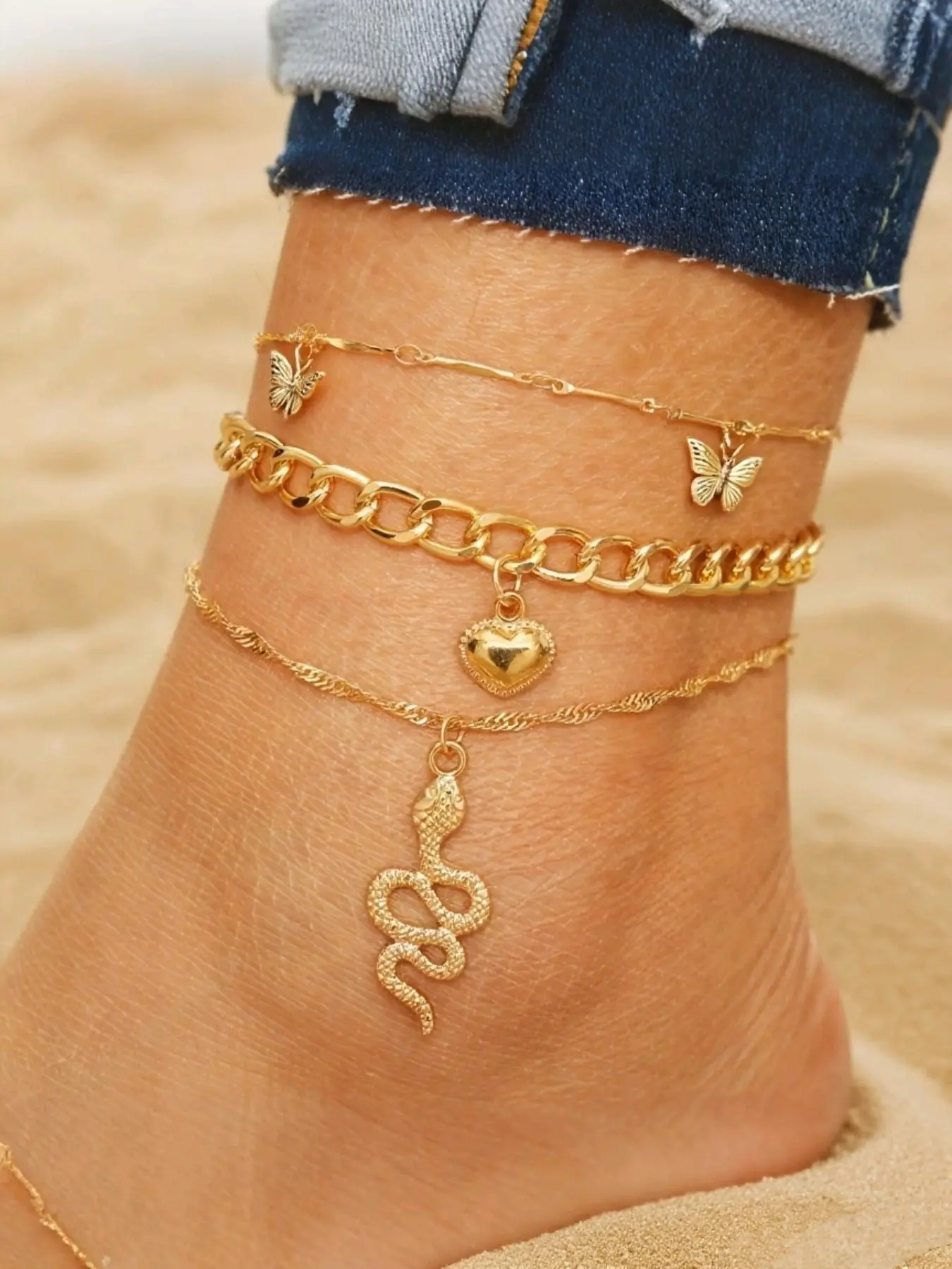 3 pcs Metal Heart & Butterfly Snake Anklet Set for Women - Adjustable Length Ankle Chains with Mystical Stacking Design, Perfect for Vacation & Daily Wear, Bohemian Foot Jewelry