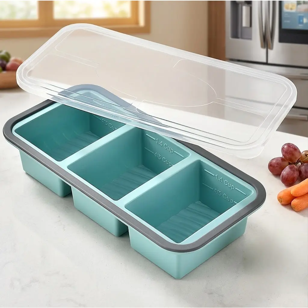 HUOMAQFAN Reusable 3-Compartment Silicone Food Containers - Stackable, Airtight, Freezer-Friendly Meal Prep Boxes for Home, Kitchen Supplies, Festive & Party Tableware