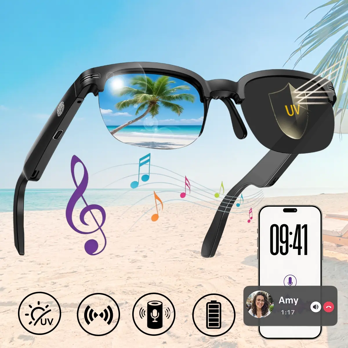 Smart Bluetooth Sunglasses for Men and Women with Open Ear Audio, Touch Control and Integrated Microphone, UV Protection Wireless Glasses for Calls, Music and Voice Assistant, Comfortable Outdoor Eyewear for Travel, Sports and Perfect Gift Choice