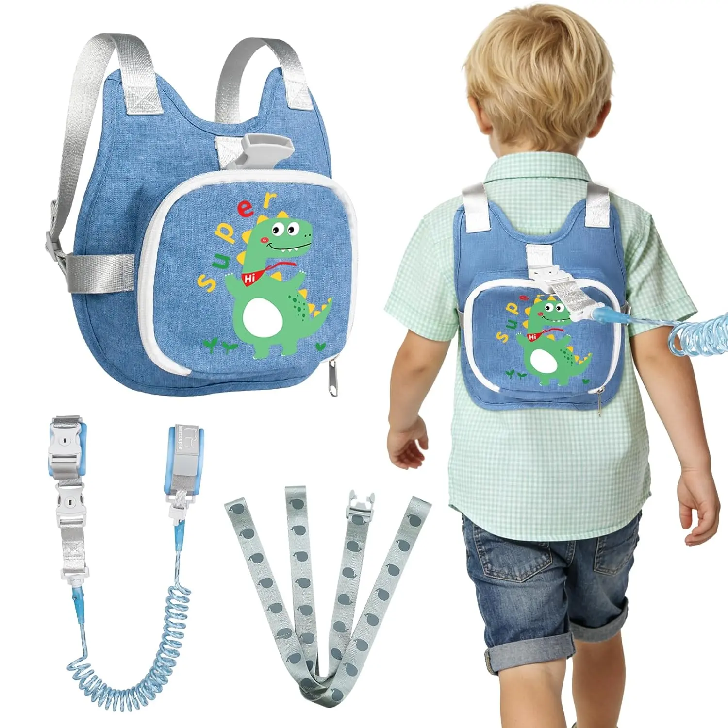 Toddler Dinosaur Safety Harness Kit - Portable Foldable Adjustable Poly-Cotton Backpack with Leash, Anti-Lost Wrist Link for 3-6 Years Boys & Girls, CPSIA Labeled, Hand/Machine Washable, Animals