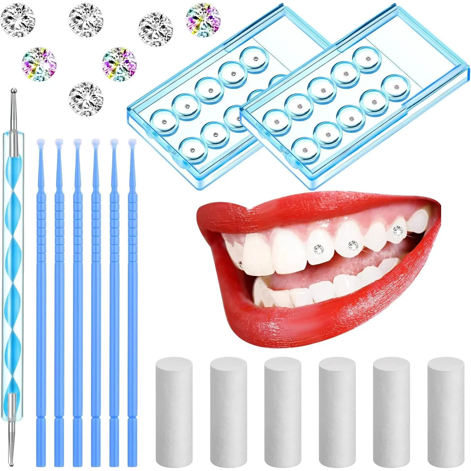 61-Piece Acrylic Tooth Gem Kit - Dental Theme Teeth Decoration Set with Reflective Diamonds, Artificial Crystals, Applicator Sticks, Dot Drill Pen, Cotton Sticks for Bright Smile (Multi Colors: White, Blue)