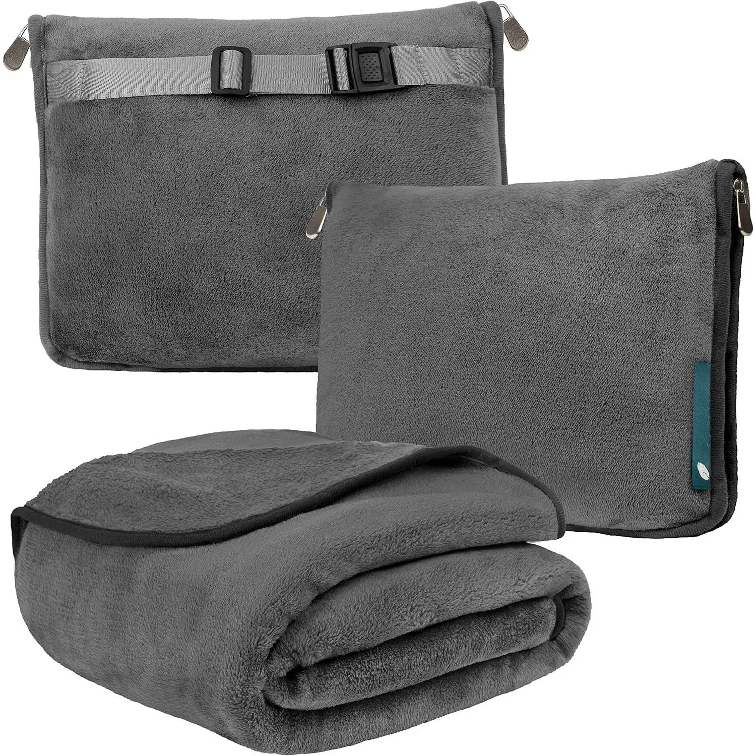 Travel Blanket Pillow, Soft Airplane Blanket 2-in-1 Combo Set, Plane Blanket Compact Packable, Flight Essentials  Pillow, Travelers Gifts Accessories, Luggage Backpack Strap, 60x43 Gray