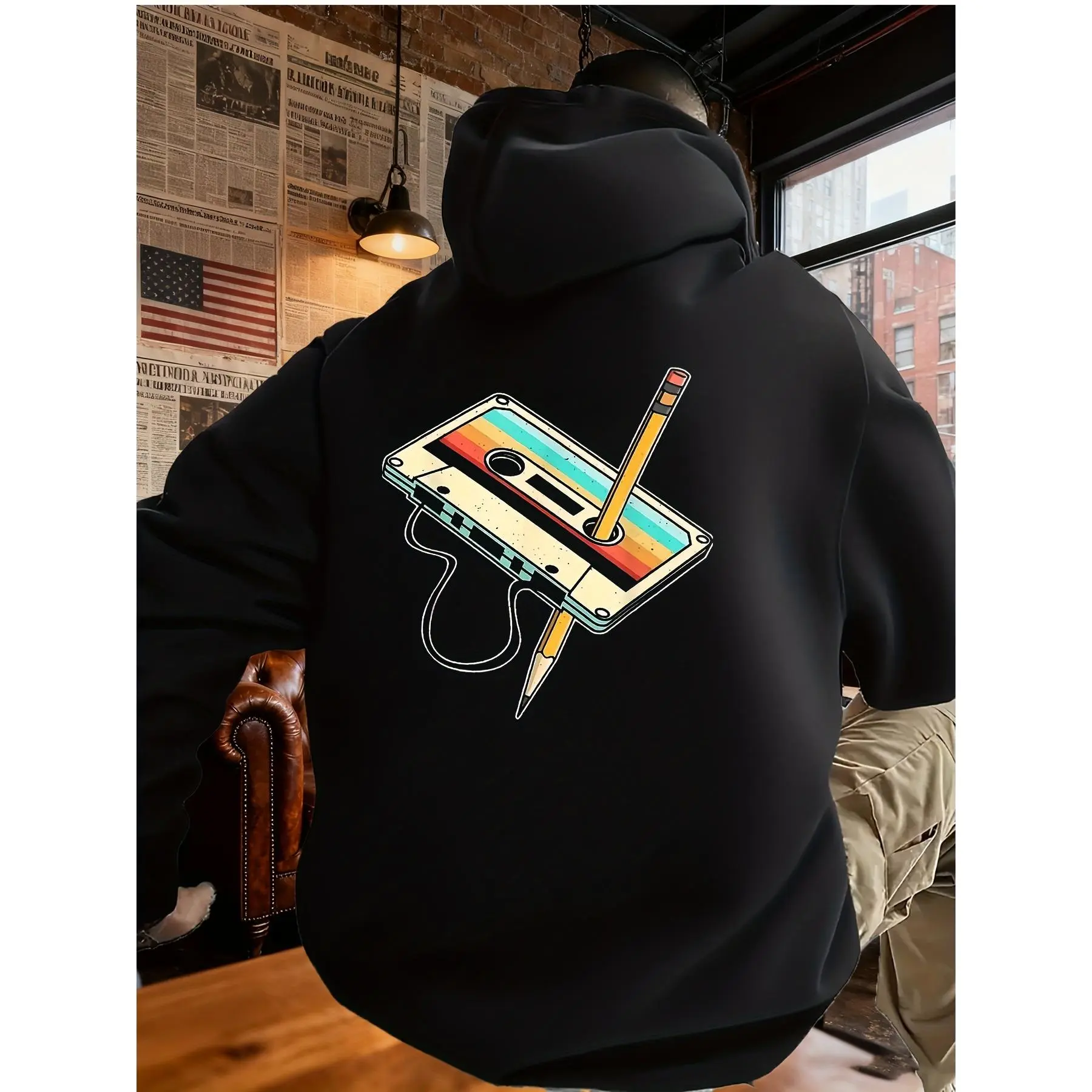 Men's Vintage 80s Cassette and Walkman Print Hoodie - Retro Music Tech Design, Kangaroo Pocket, Comfortable Casual Pullover for Daily Wear and Outdoor Activities - Nostalgic 80s Tech Apparel