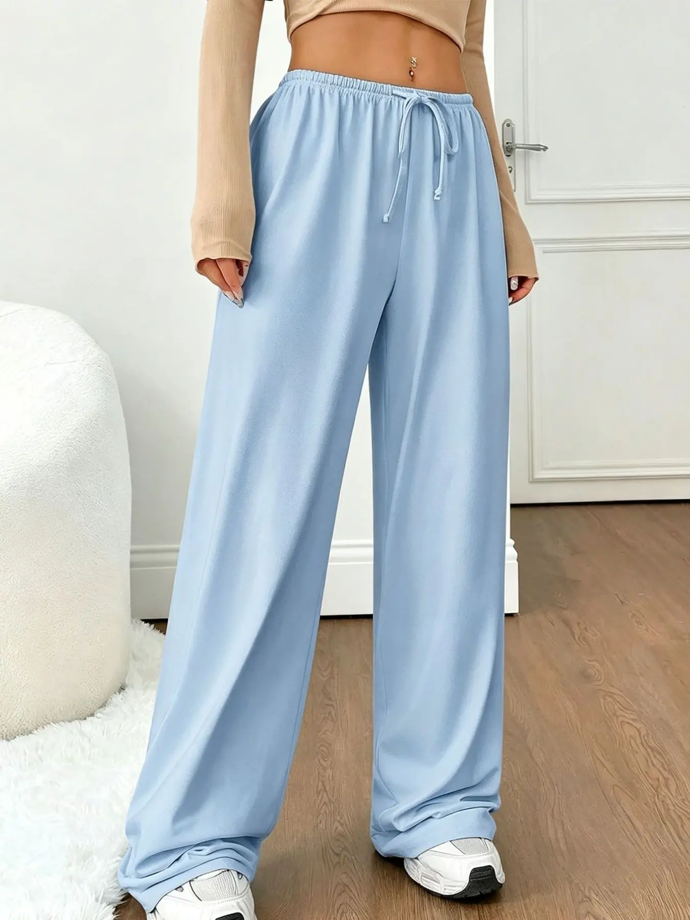Elegant Wide Leg Pants with Elastic Waistband, Perfect for Pear Shape Body Type, Casual Office Wear, Flowing Long Trousers