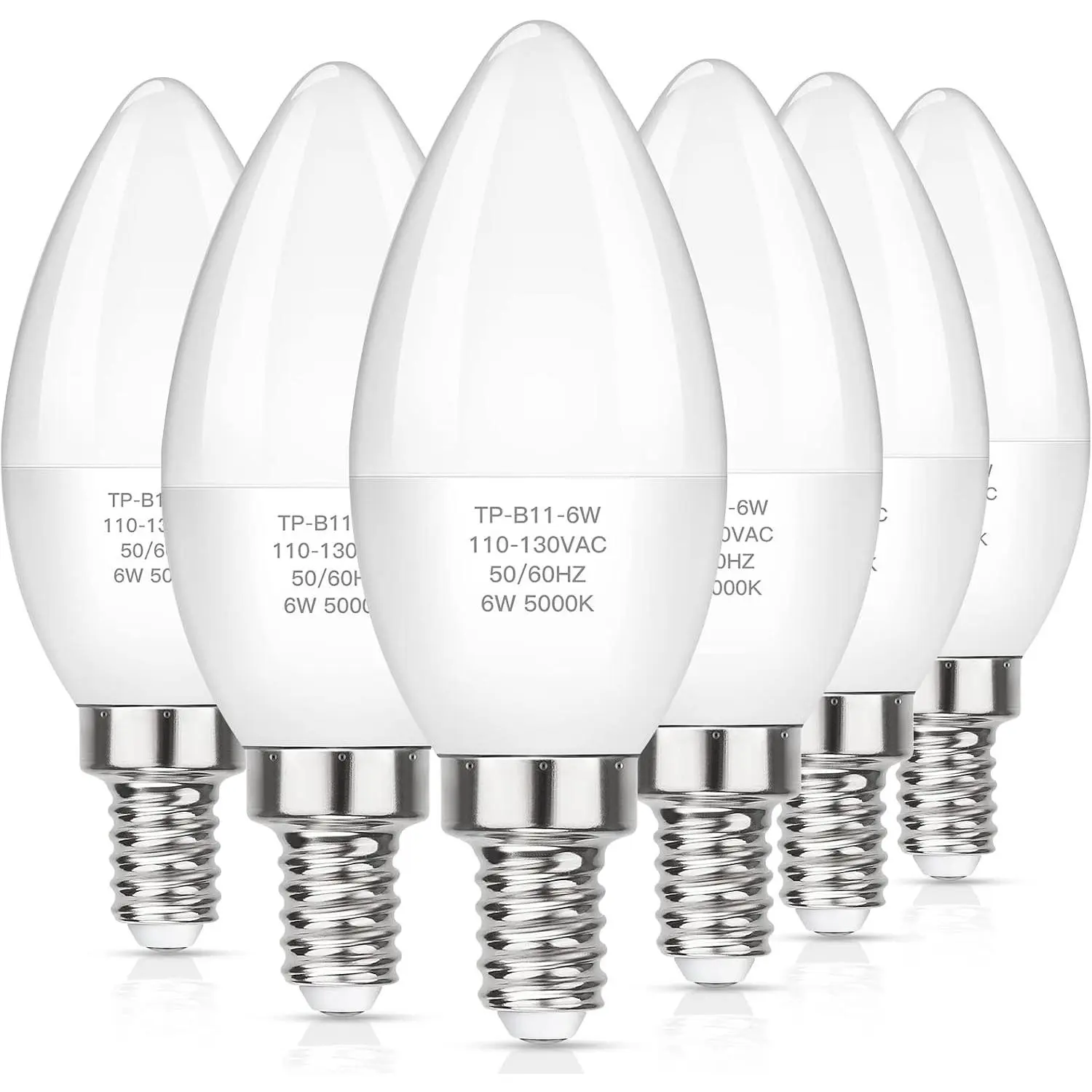 E12 LED Candelabra Light Bulbs 60W Equivalent, Daylight White 5000K 600 Lumen Chandelier Bulb, 6W B11 Candle Base, Non-Dimmable, Pack of 6