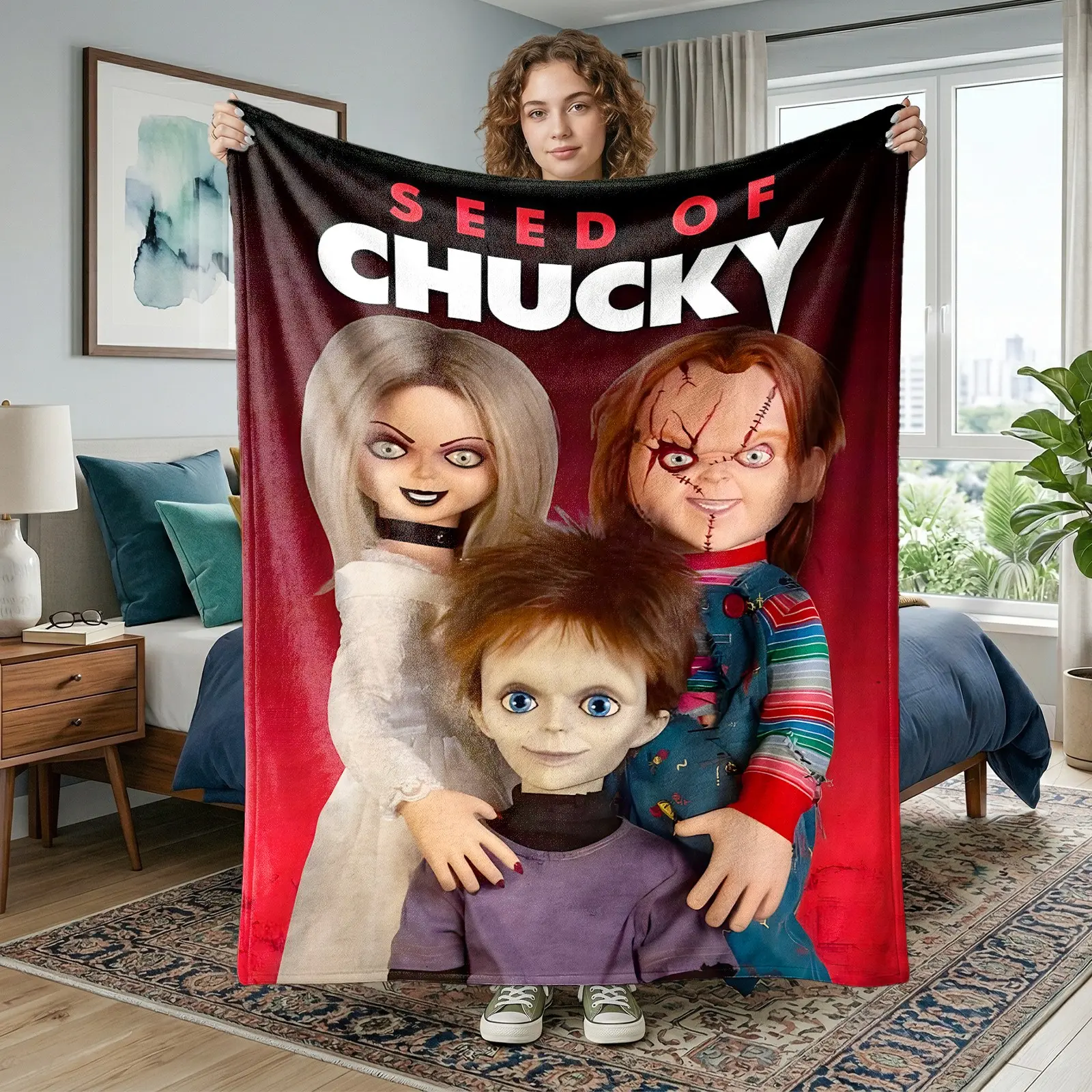 1pc Seed Of Chucky Vintage Movie Fleece Blanket, Horror Doll Family Character Poster Print, Soft Warm Nap Throw For Sofa, Bed, Office, Camping, Perfect Halloween Gift
