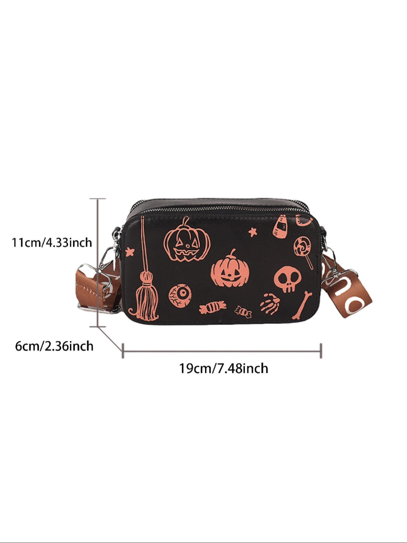 Skeleton & Pumpkin Pattern Crossbody Bag, Fashionable PU Leather Zipper Shoulder Bag for Women, Casual Trendy Versatile High-quality Daily Commuting Bag As Halloween Gift