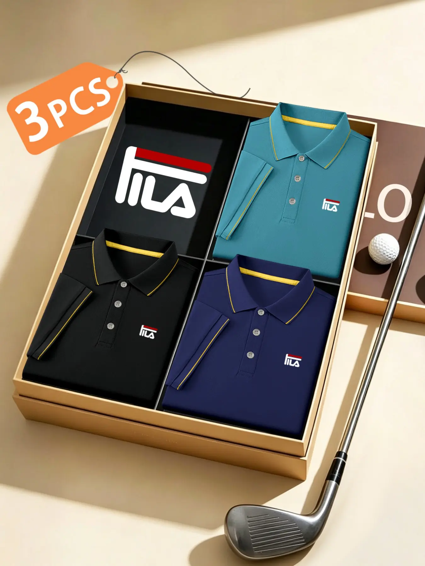 Men's Luxury Golf Polo Shirts, 3-Pack, Fiua Logo Print, Collared, Stretchy, Breathable, All-Season, Comfortable, Durable