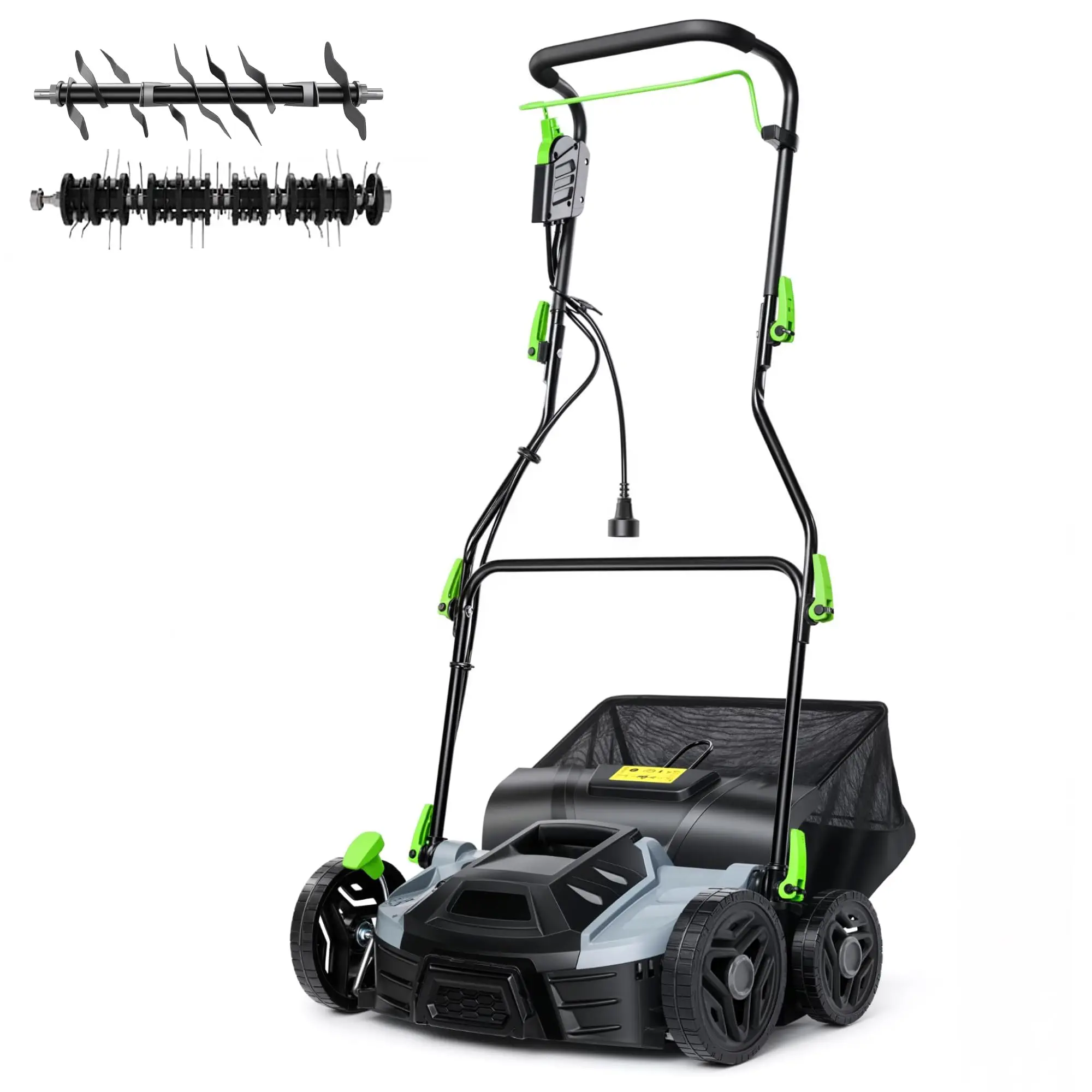 15.5 Amp 2-in-1 Electric Lawn Dethatcher & Scarifier - 14" Corded Lawn Aerator, 5-Position Depth Adjustment, Adjustable Handle, 14.5 gal Collection Bag, Steel Blades