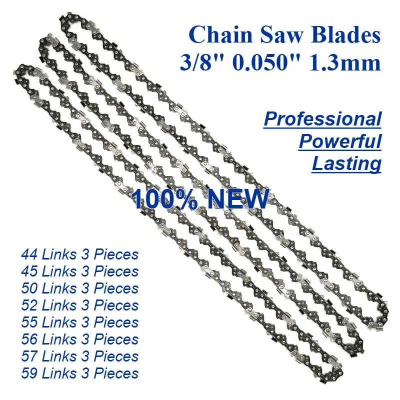 Chainsaw Blades 3 Pieces Saw Chains Semi Chisel for 3/ 8" Pitch 1.3mm Gauge 44 45 50 52 55 56 57 59 Drive Links Are Available Chain of an electric saw Chain for an oil saw Saw chain, oil saw parts, electric saw parts Saw chain