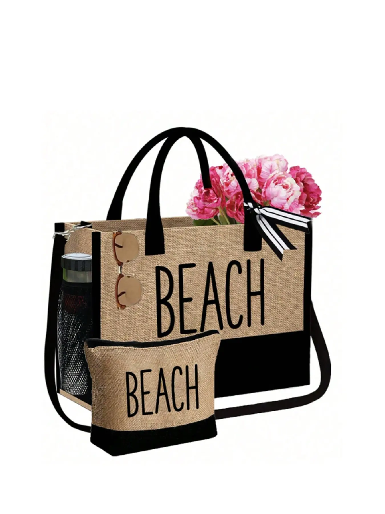 Women's Beach Handbag Set, Includes Beach Canvas Bag, Wave Shoulder Bag, Makeup Pouch, Adjustable, Lightweight, Fashionable Shopping Purse Bag, Suitable for Spring Summer