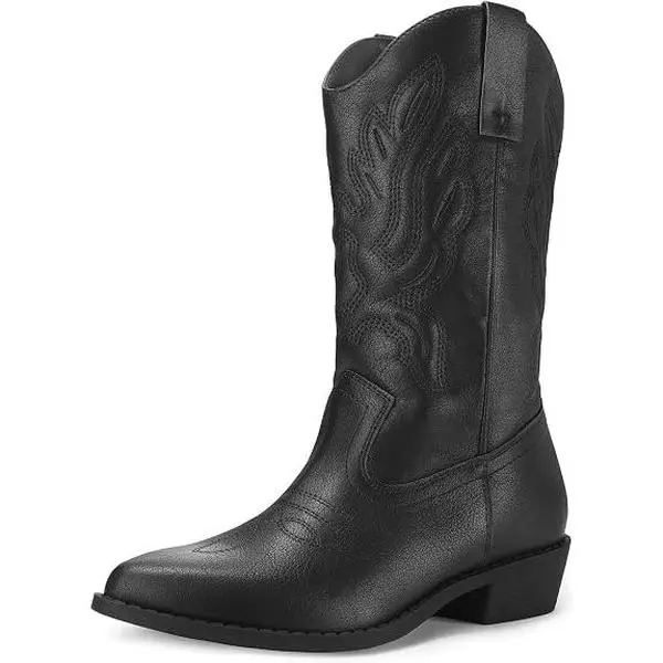 Women's Embroidered Pointed Toe Western Cowboy Boots, Mid Calf Slip On Cowgirl Boots, Vintage Retro Country Style Fashion Boots for Fall Winter Daily Outfits