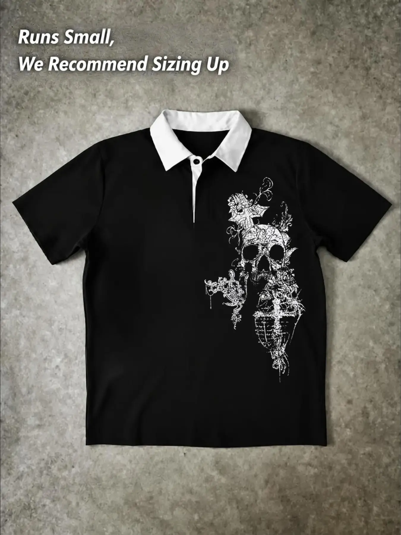 Men's Color Collar Short Sleeve Polo Shirt, Gothic Skull And Cross Vintage Graphic Polo Top, Black And White Contrast Lapel Casual Pullover With Single Button Placket, Unique Dark Streetwear Tee For Daily Life, Outdoor Hangout And Casual Street Fashion Ou
