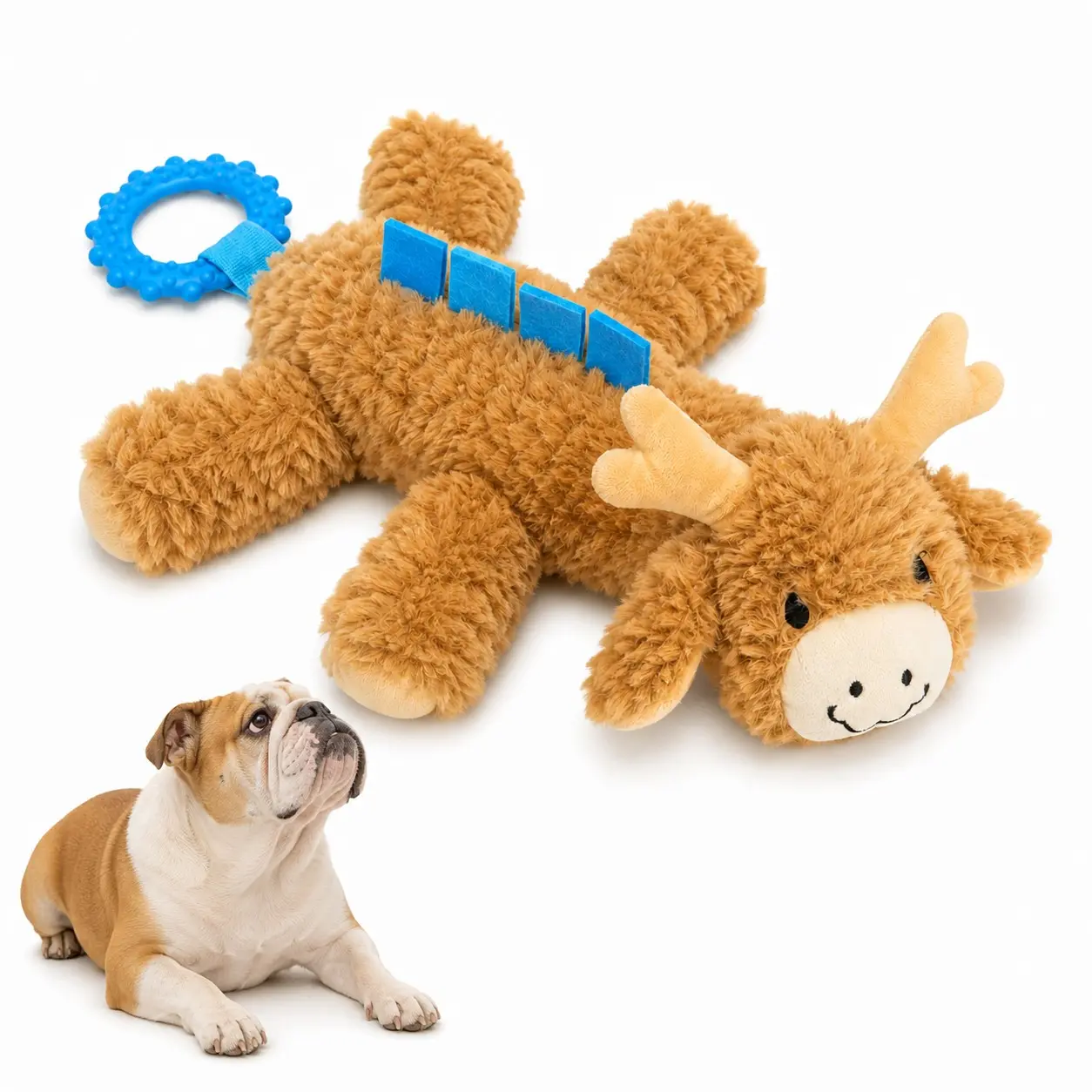 Stretchy Stag Plush Tug Dog Toy with TPR Ring, 4 Squeakers, Crinkle Ears & Stretchy Neck, 15.7 in