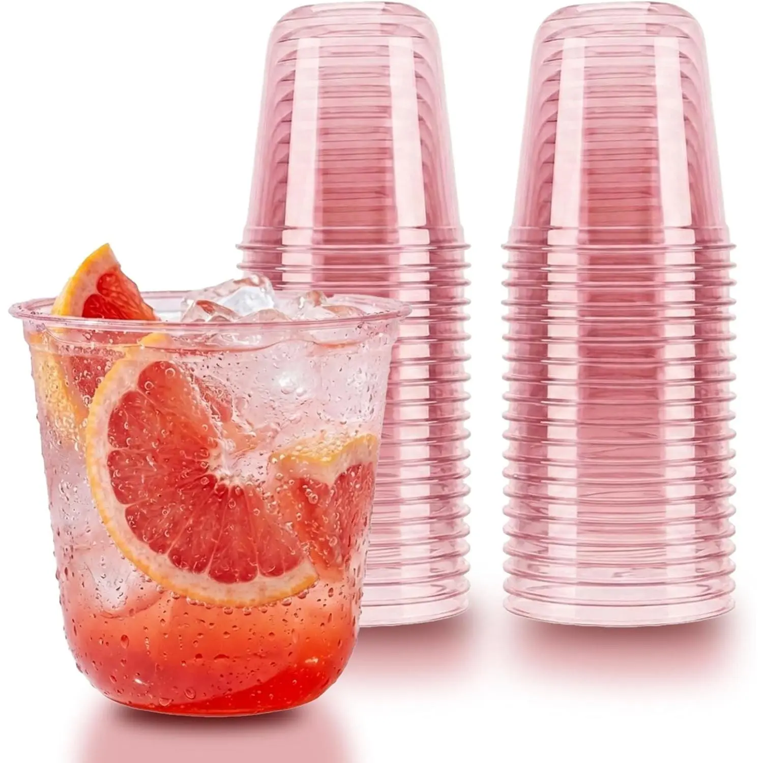 12oz Disposable Stemless Glasses,PET Disposable Drinking Cups,Cold Party Clear Plastic Wine Glasses for Parties Birthday,Wedding,Meeting,Christmas Party Supplies. (25, Pink)