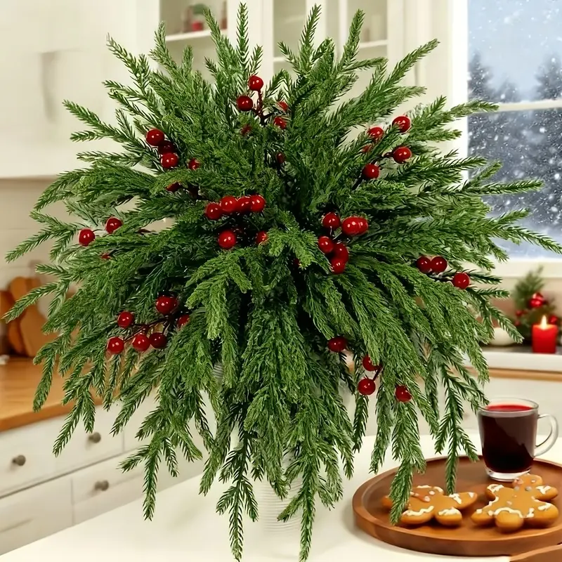 40pcs artificial Norfolk pine branches closely resemble real pine trees, featuring vibrant green needles and red berries. Perfect for Christmas decorations and filling vases, suitable for both indoor and outdoor settings.
