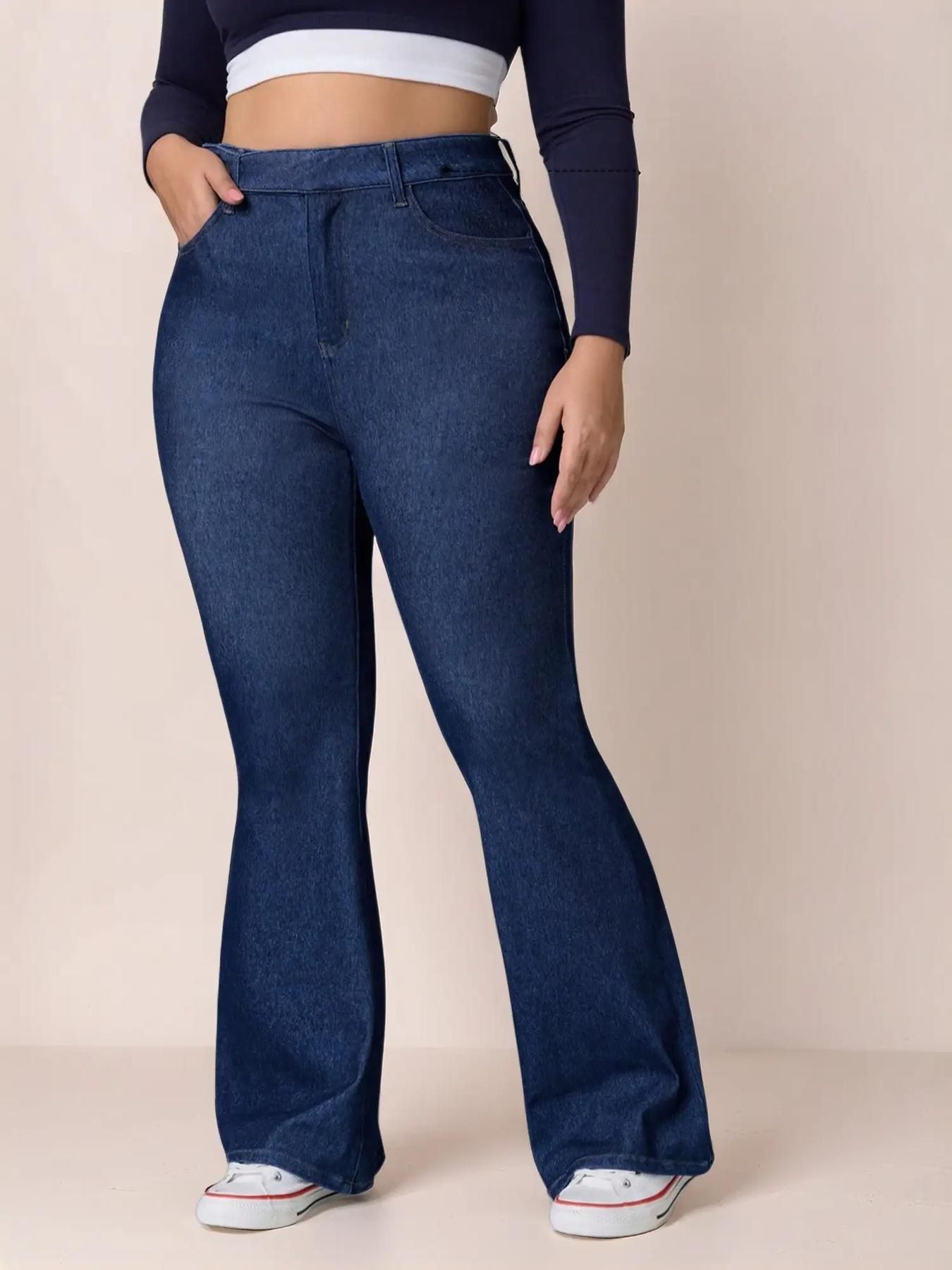 【Plus Size】 Solid Color Flare Leg Jeans, Casual Comfy Denim Jeans for Daily Wear, Women's Bottoms for All Seasons
