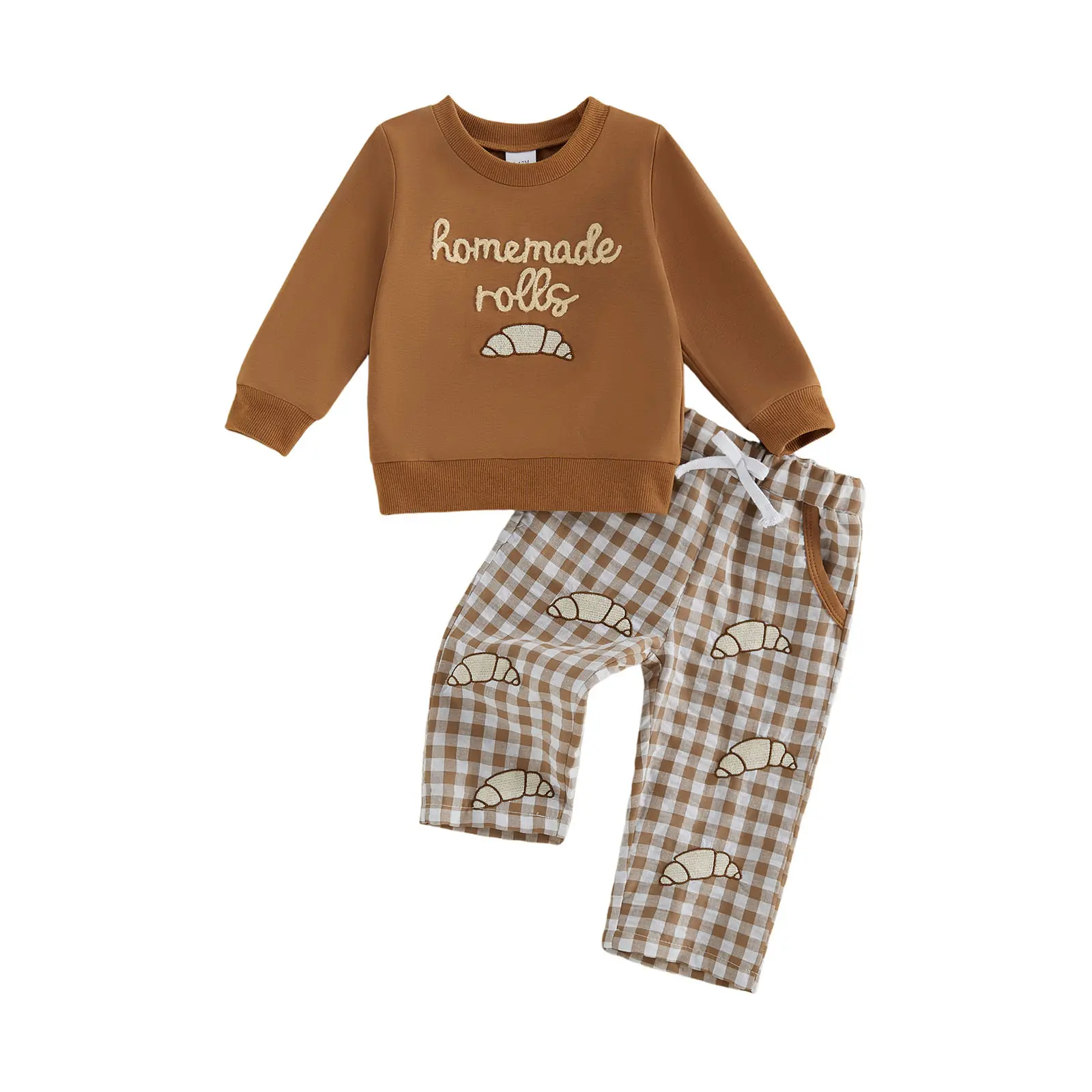 Meihuida Toddler Baby Little Boys Thanksgiving Outfits Croissant Embroidery Long Sleeve Sweatshirt and Plaid Pants Set Fall Winter Clothes 0-3 Years