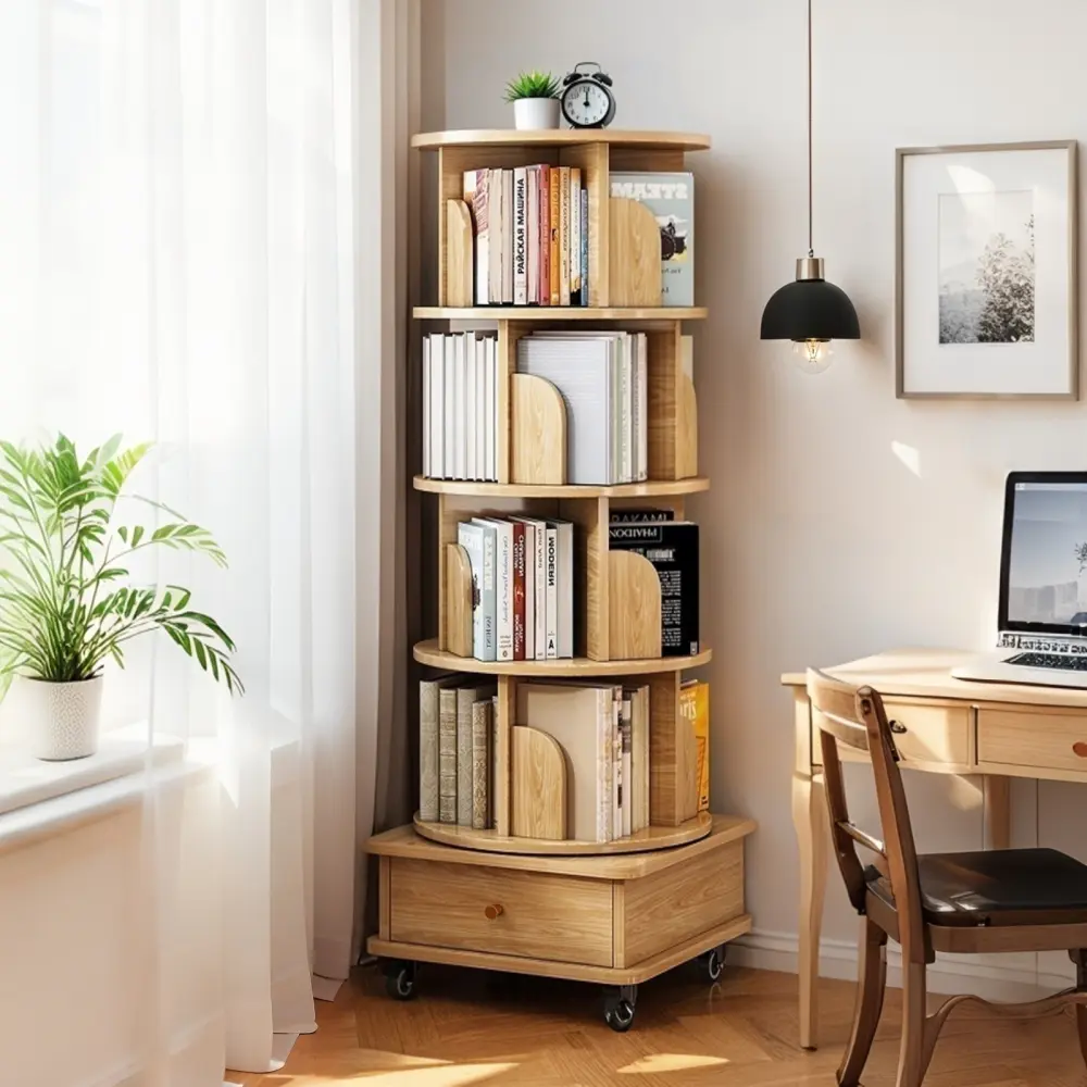 Littleox 5 Tier Rotating Bookshelf, 360° Display Round Spinning Bookshelf with Wheels, Space-Saving, Small Space Rotating Bookshelf Tower for Bedroom, Living Room, Home, Office, Wood Color