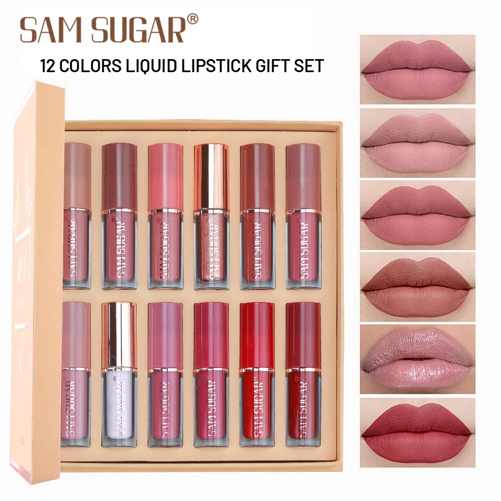 12 Color Matte Liquid Lipstick Set with Beeswax, Vibrant Colors, Velvet Texture, Waterproof, High Pigmentation, Nude Shades, Women's Cosmetic Makeup Kit, Makeup Gift