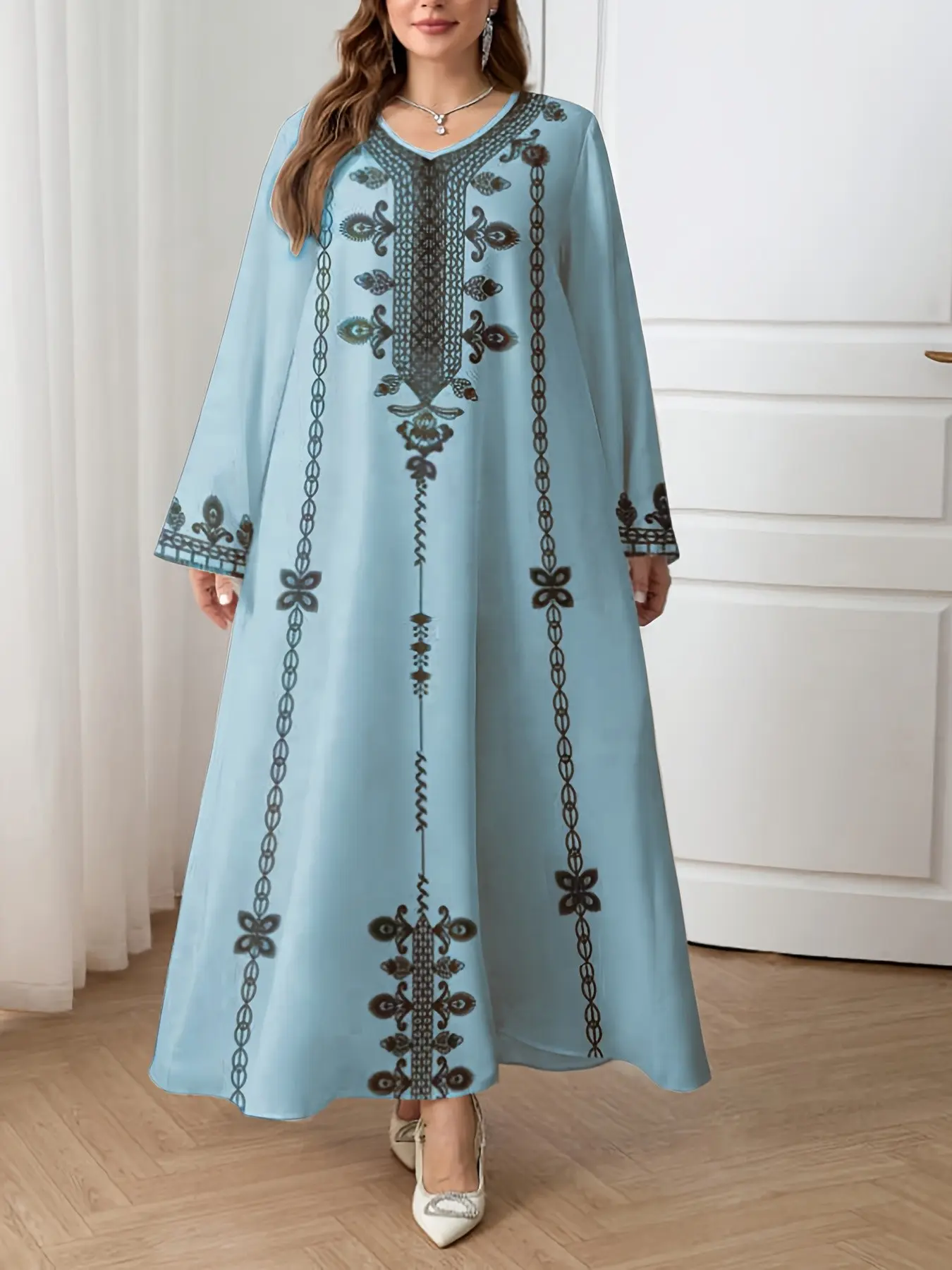 Elegant Long Sleeve Ethnic Print Dress, Spring Fall New Arrival, Comfortable Loose Fit, Perfect for Eid Al Fitr, Casual Vacation Style